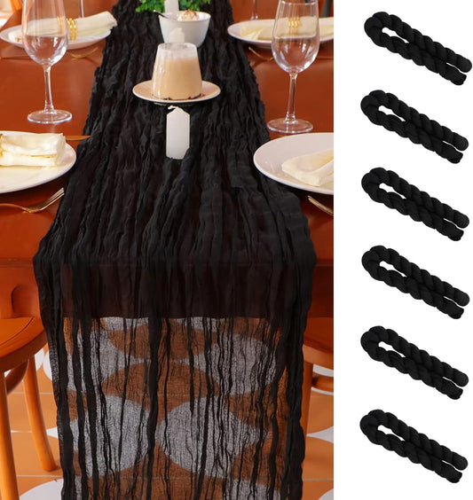 Snowkingdom 6PCS 13 Ft Black Cheesecloth Table Runner, 160 inch Long Cheese Cloth Boho Gauze Runners for Wedding Bridal Baby Shower Birthday Holiday Party Halloween Table Decorations
