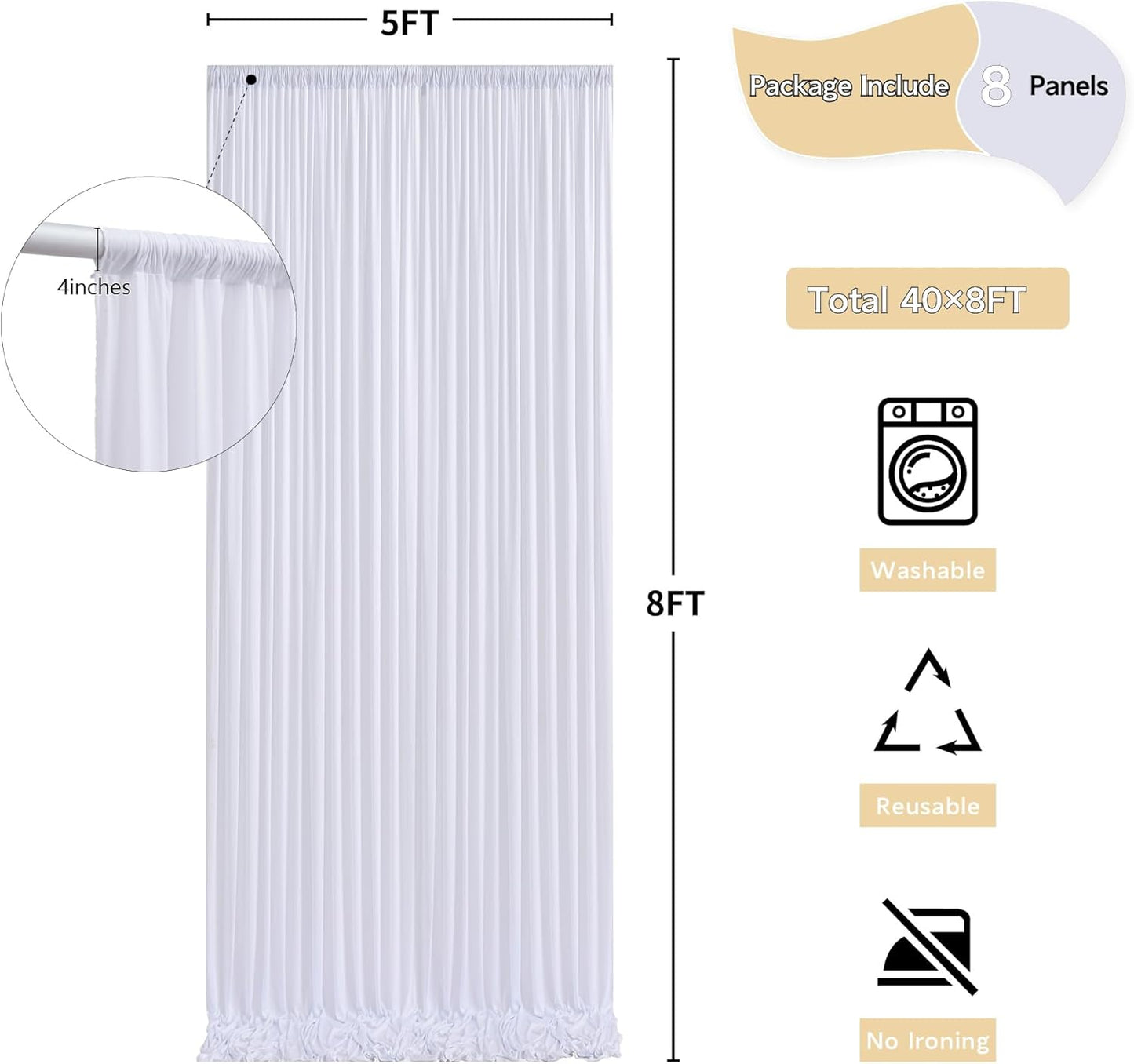 40 ft x 8 ft White Backdrop Curtain Drapes for Wedding Parties, 8 Panels 5 ft x 8 ft Wrinkle Free Polyester Photo Backdrop Drapes for Birthday Party Baby Shower Backdrop Stand