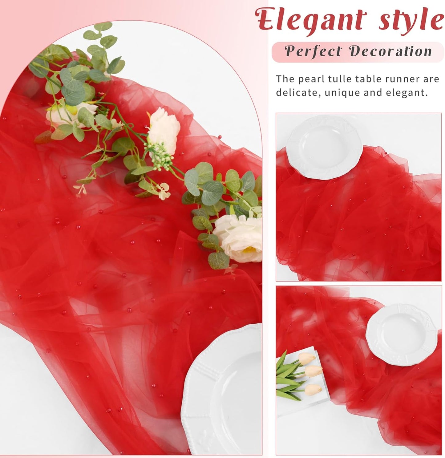 Set of 6 Pearl Table Runner 29 x 120 Inch Tulle Fabric Lace Table Runners Boho Rustic Tablecloth for Bridal Shower Birthday Party Wedding Arch Aisle Veil Dessert Table Decor(Red)