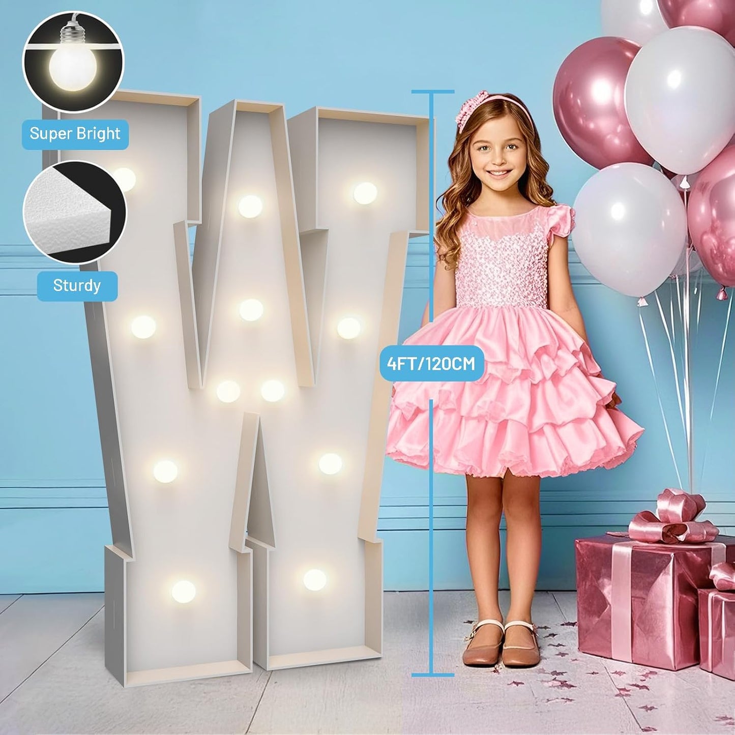 4FT Marquee Light Up Letters W,Party Decoration Large Marquee Light Up Letters with Weighted Water Bag,Pre-cut Foam Board Set Can Be Used for Birthdays,Weddings,Baby Anniversaries