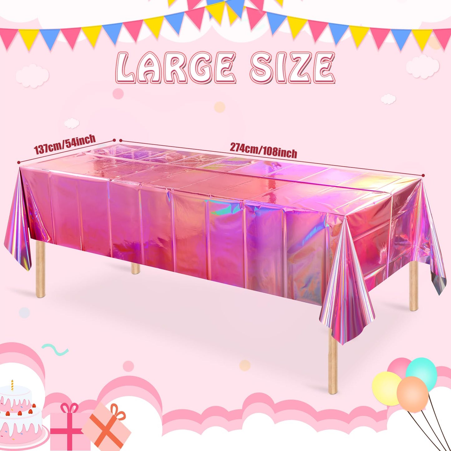 4 Pack Iridescent Pink Plastic Tablecloths, FunnyPars Shiny Disposable Laser Rectangle Table