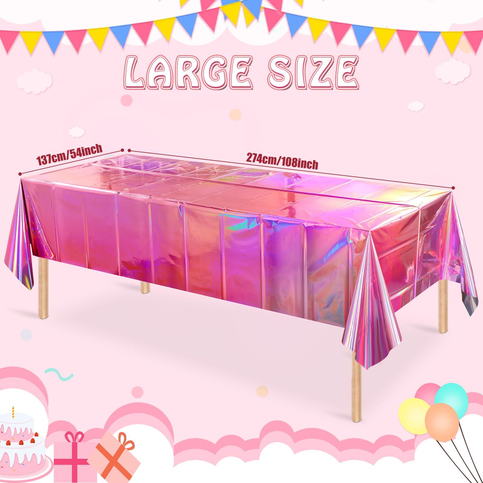 4 Pack Iridescent Pink Plastic Tablecloths, FunnyPars Shiny Disposable Laser Rectangle Table