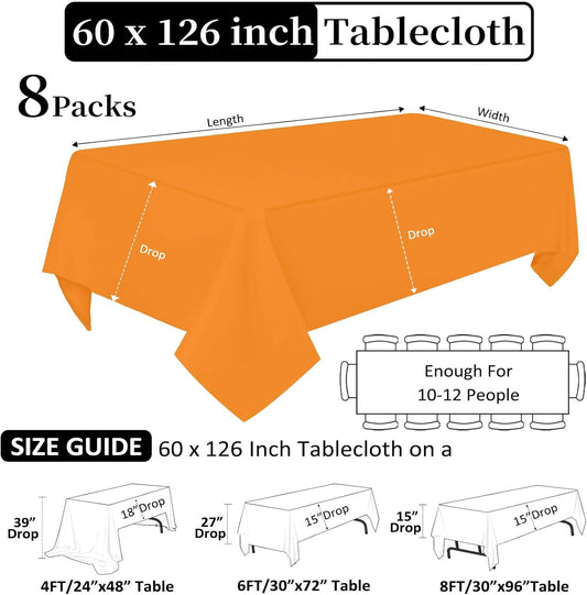 8 Pack Orange Tablecloth 60 x 126 Inch Rectangular Tablecloths for 8 Foot Rectangle Tables, Wrinkle Resistant Orange Table Cloth Washable Polyester Fabric for Buffet Wedding Party Banquet