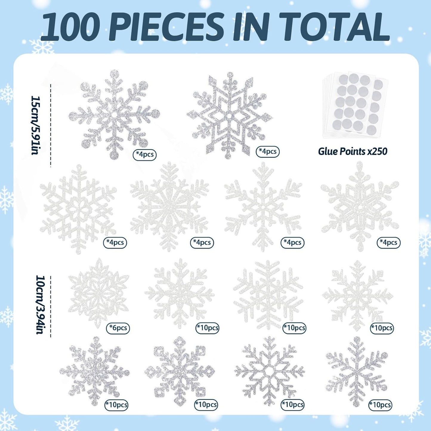 Winter Snowflake Cutouts Glitter Paper Snowflake Decorations - 100Pcs White and Silver Snow Flake Double-Side Christmas Cutouts for Holiday Winter Wonderland Bulletin Board, Frozen Party Decor