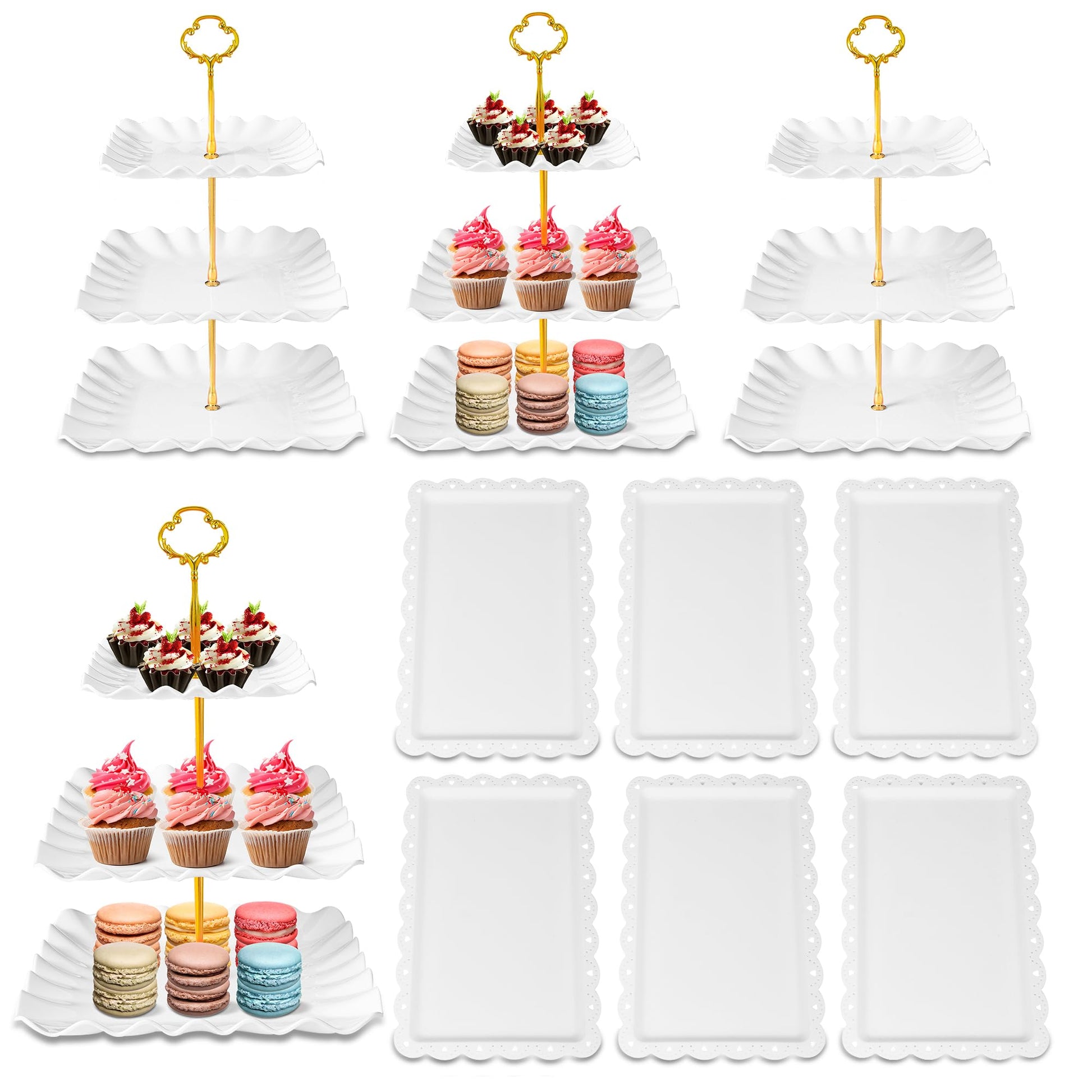 10 Pack Dessert Table Display Set, 4 Three-Tier Square Cupcake Stands and 6 Serving Trays for