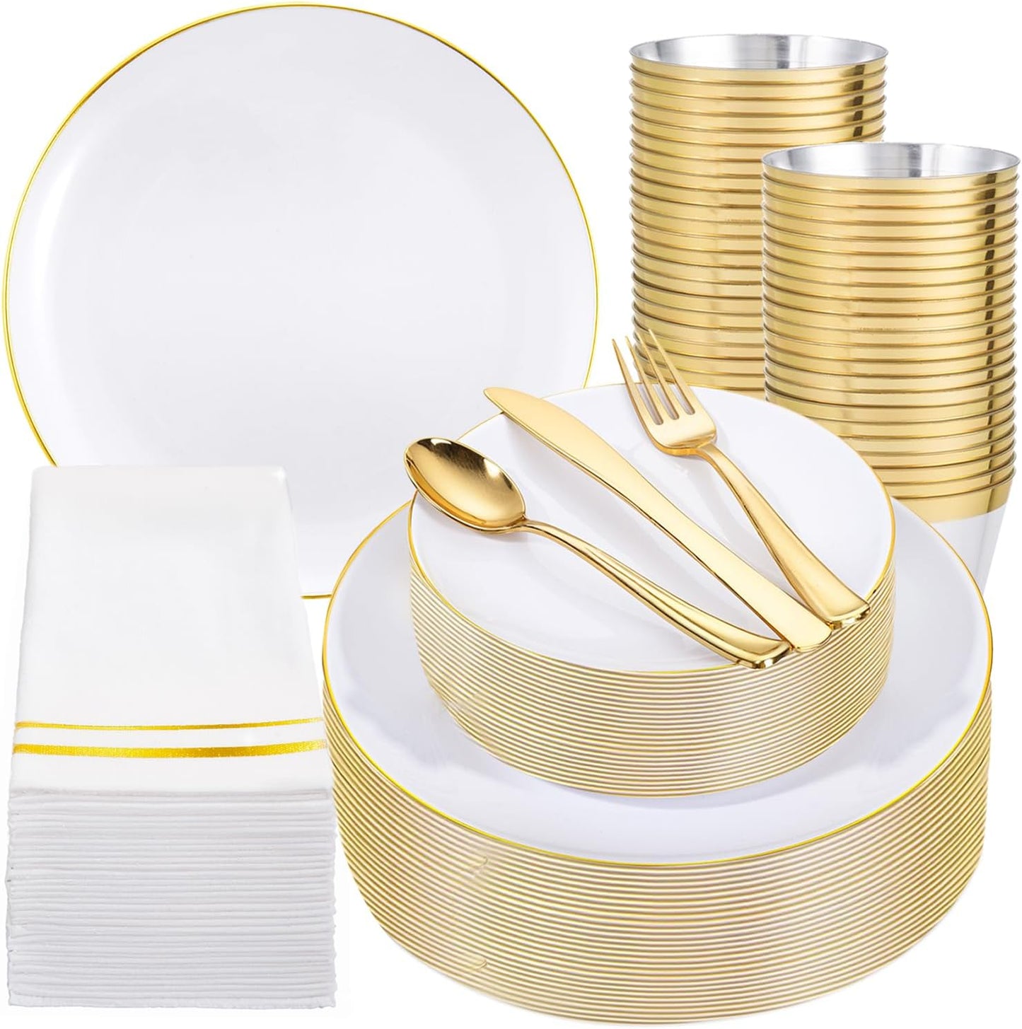 Festiva 350Pcs Gold Plastic Plates - White and Gold Dinnerware Set Disposable include 10" & 7" Plates,Cups,Silverware,Napkins -serve 50 Guests Perfect for Wedding& Birthday &Summer Party