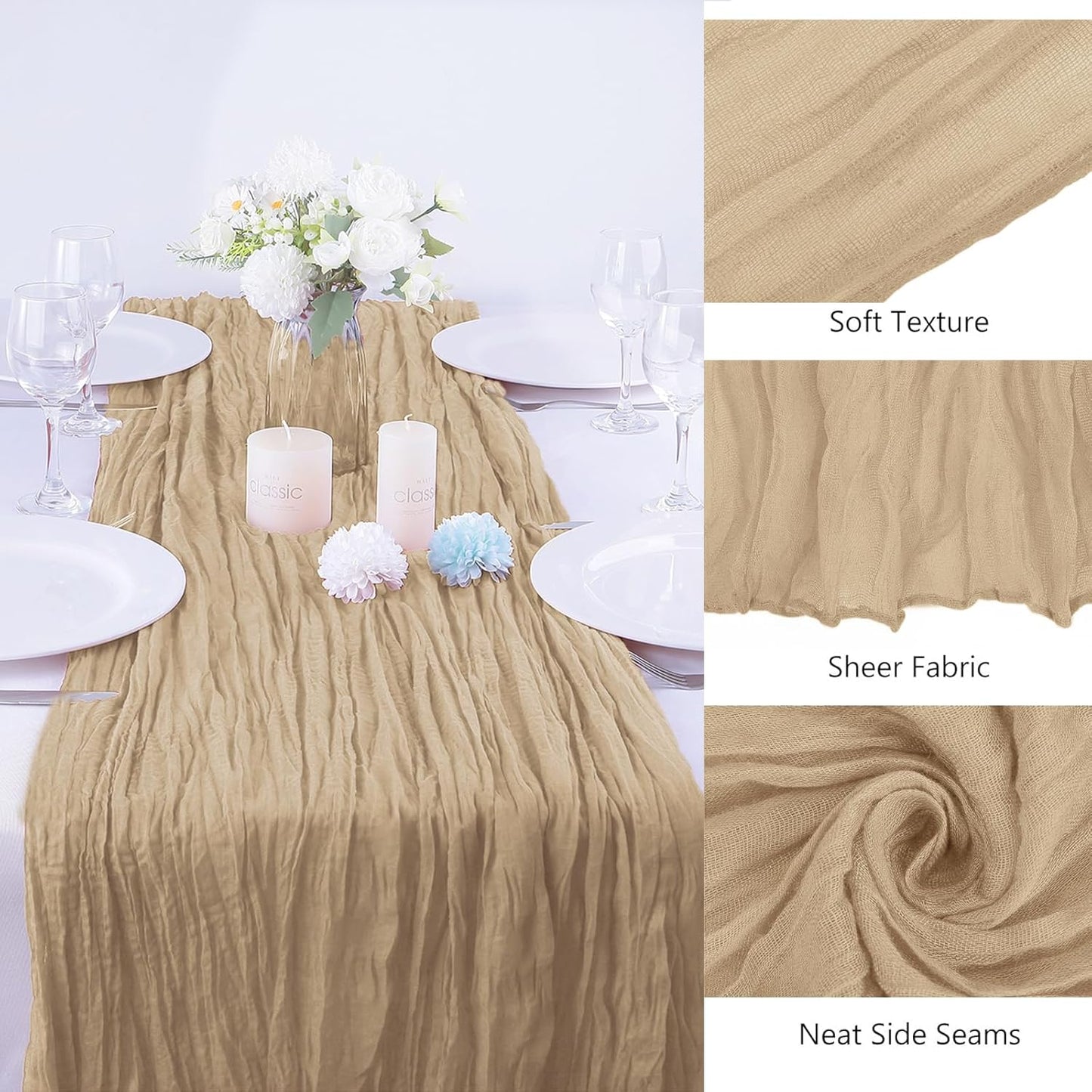 4 Pack Beige Cheesecloth Table Runner 35x120 Inch Boho Gauze Fabric Cheese Cloth Table Runner 10Ft Rustic Romantic Sheer Table Runners for Wedding Party Bridal Baby Shower Long Table Decoration