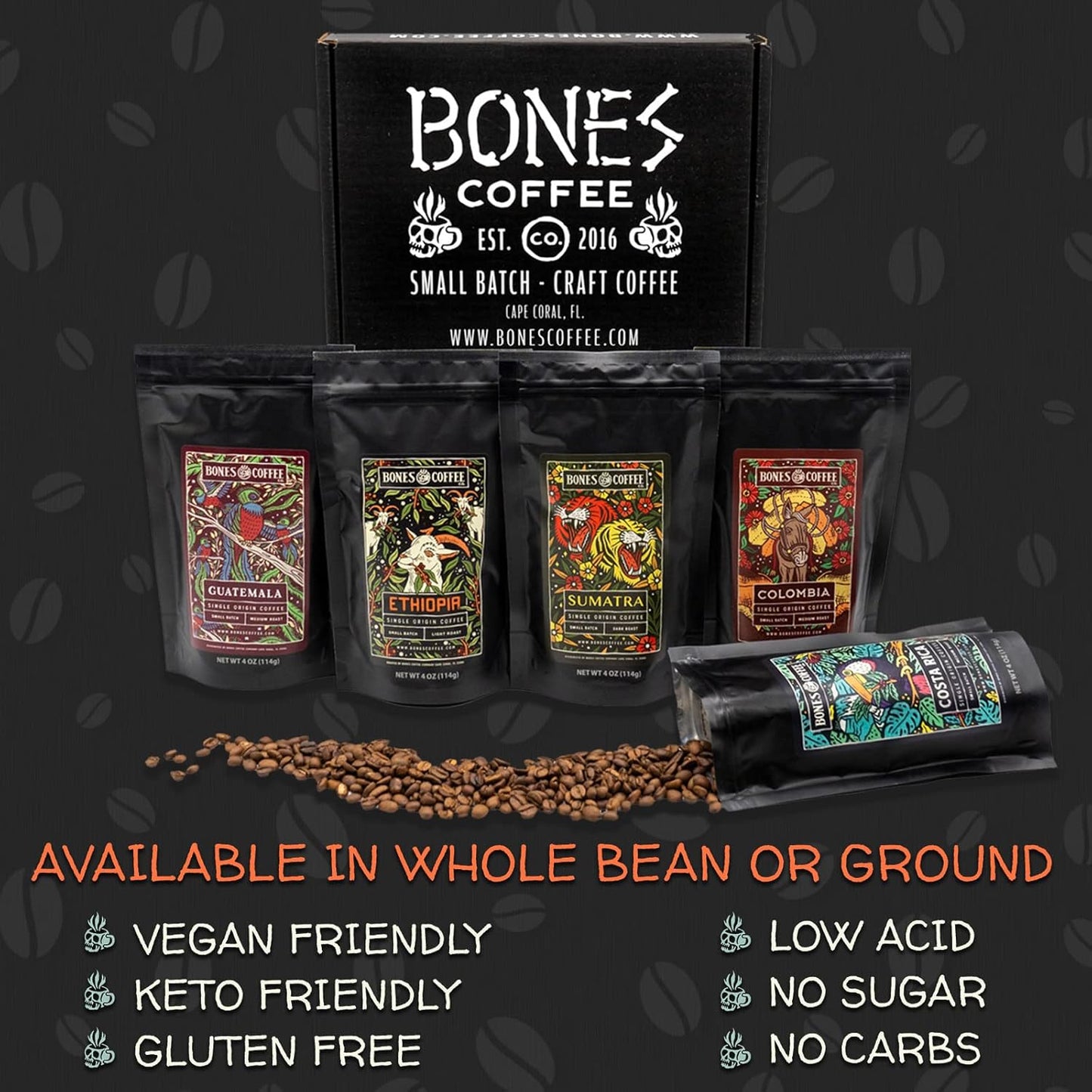 Bones Coffee Company NEW World Tour Sample Pack Box Set with Specialty Coffee Mug, 5 Assorted Single-Origin Low Acid Medium Roast Arabica Beans Flavored Coffee Gifts, 4 oz Pack of 5 Ground