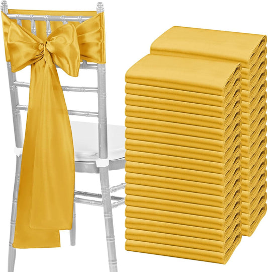 fani 120 PCS Gold Satin Chair Sashes Bows Universal Chair Cover for Wedding Reception Restaurant Event Decoration Banquet,Party,Hotel Event Decorations (7 x 108 inch)