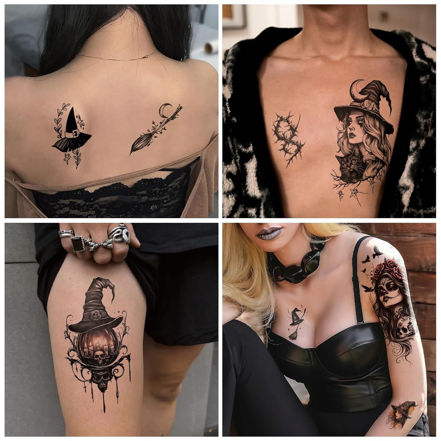 77 Sheets Witch Temporary Tattoos Women Men Adults, Skeleton Death Skull Pointed Black Hats Brooms Cauldrons Black Cats Half Arm Halloween Fake Tattoo, Bat Scary Tattoos for Halloween Costume