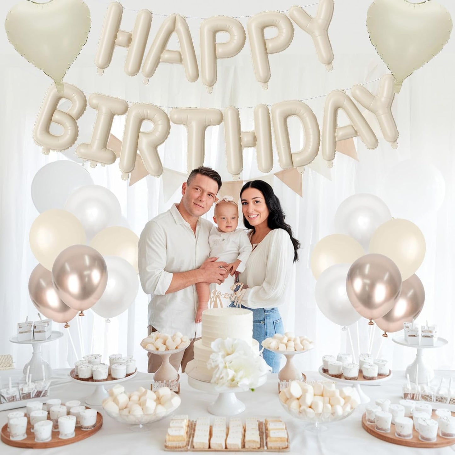 Happy Birthday Balloon Banner Cream, 16 Inch Beige Mylar Letters Heart Foil Balloons Pearl White Sand White Metallic Champagne Gold Balloons Boho Neutral Birthday Decorations for Girls Women Boy Men