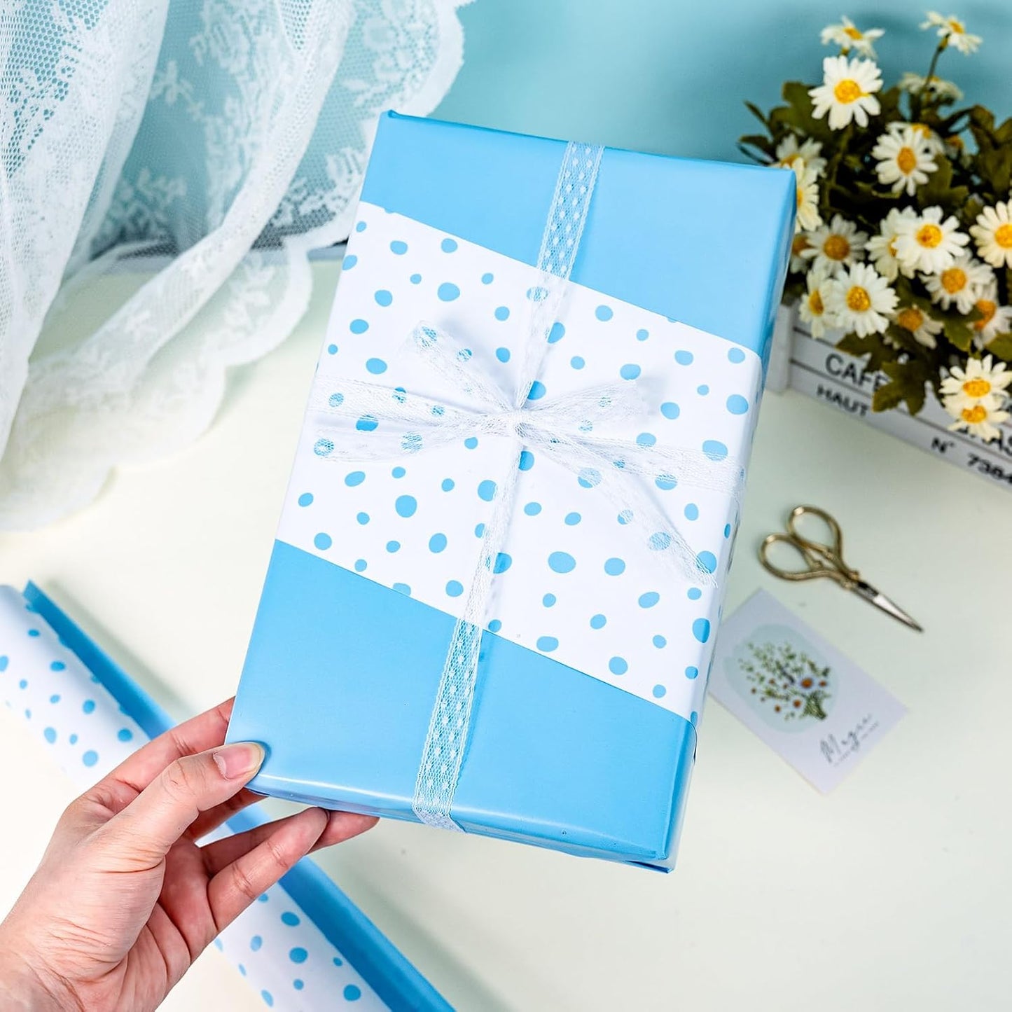 Burymento Blue Lrregular Wave Point Wrapping Paper, Reversible Gold Gift Wrap for Birthday, Valentines, Mothers day, Graduation, Wedding, Fathers day, Baby Shower, Christmas (17in x 16.4ft)