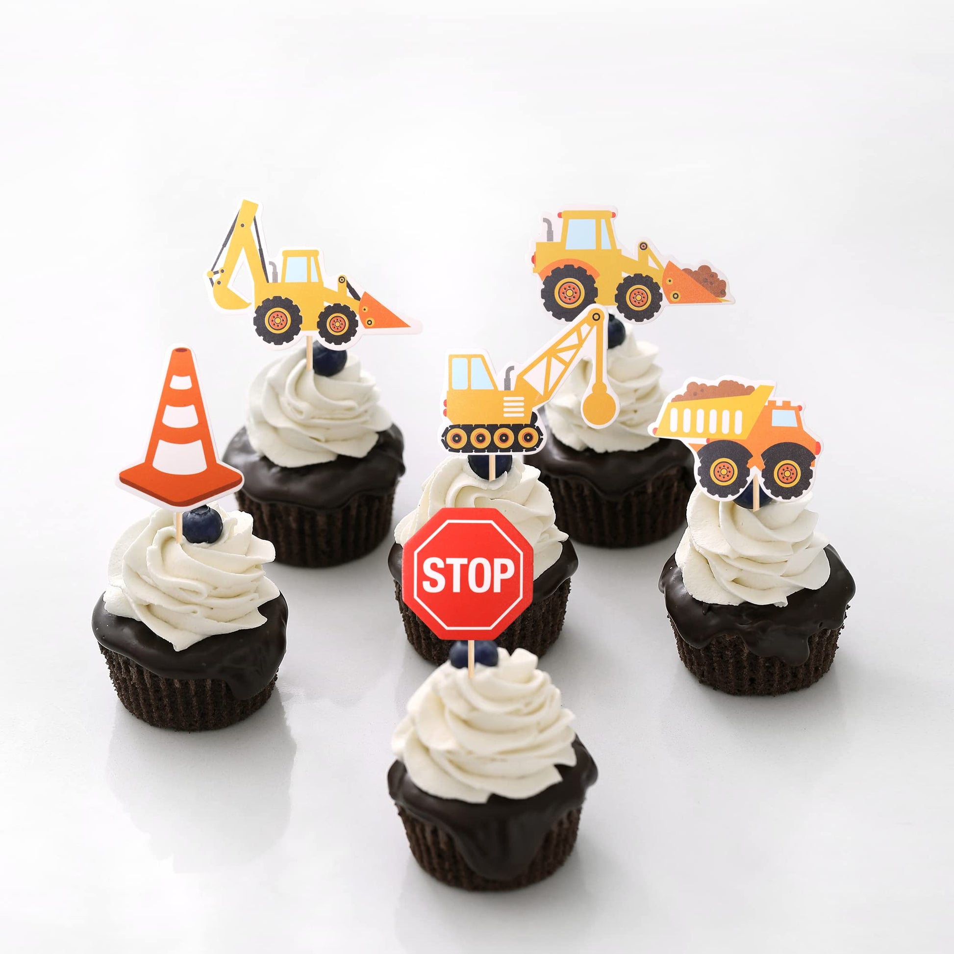 36 PCS Construction Cupcake Toppers Stop Sign Dump Truck Excavator Tractor Party Cake Food Picks