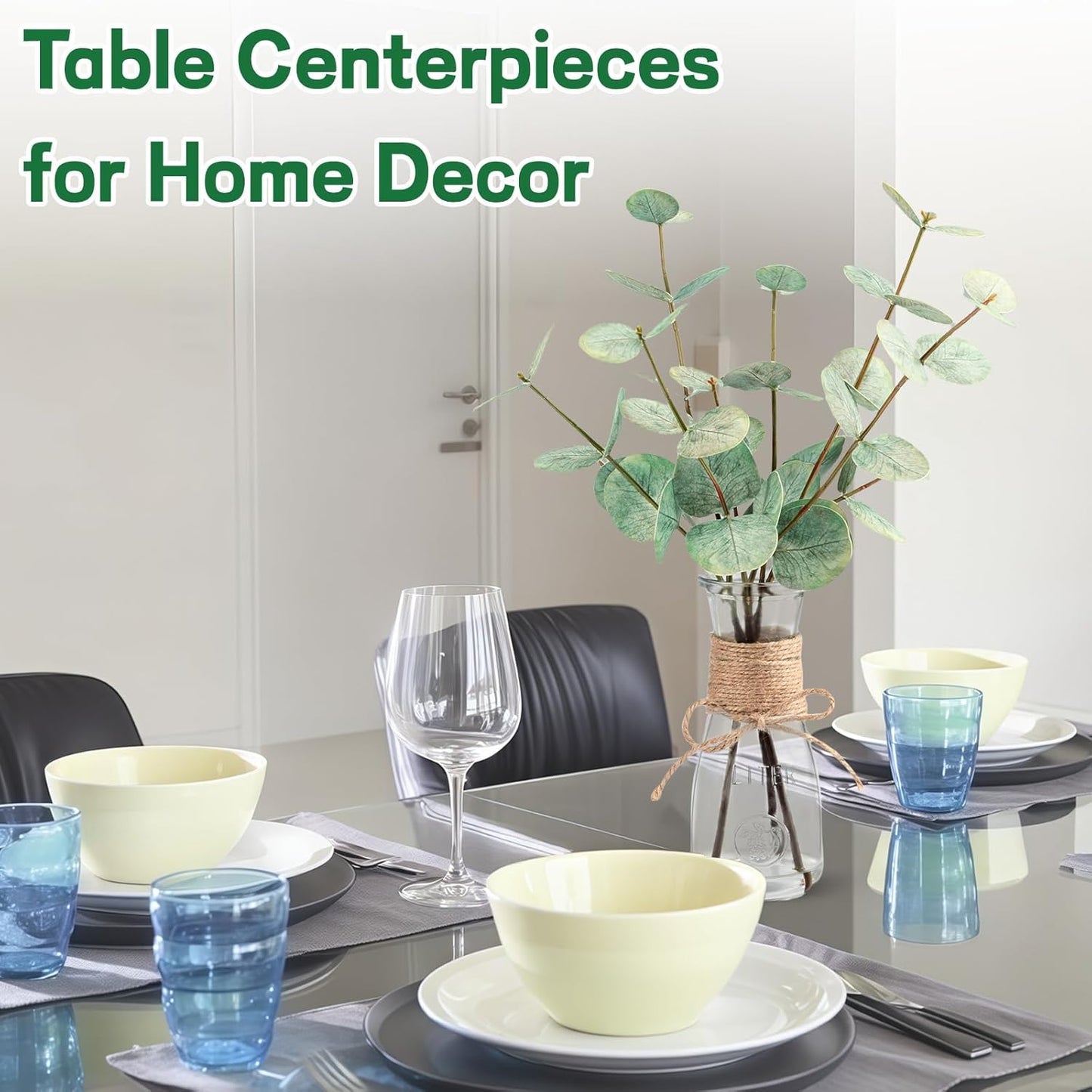 Artificial Eucalyptus Stems in Glass Vase with Faux Water, 15" Small Bathroom Greenery with Double-Sided Green Leaves, Farmhouse Office Decor, Realistic Fake Plant Wedding Centerpiece