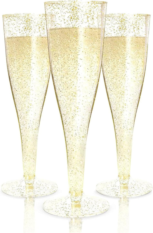 Prestee 100 Gold Plastic Champagne Flutes - 4.5 oz Disposable Champagne Glasses for Toasting at Weddings, Mimosas, Cocktails, Great Gatsby Party Decorations, and Events