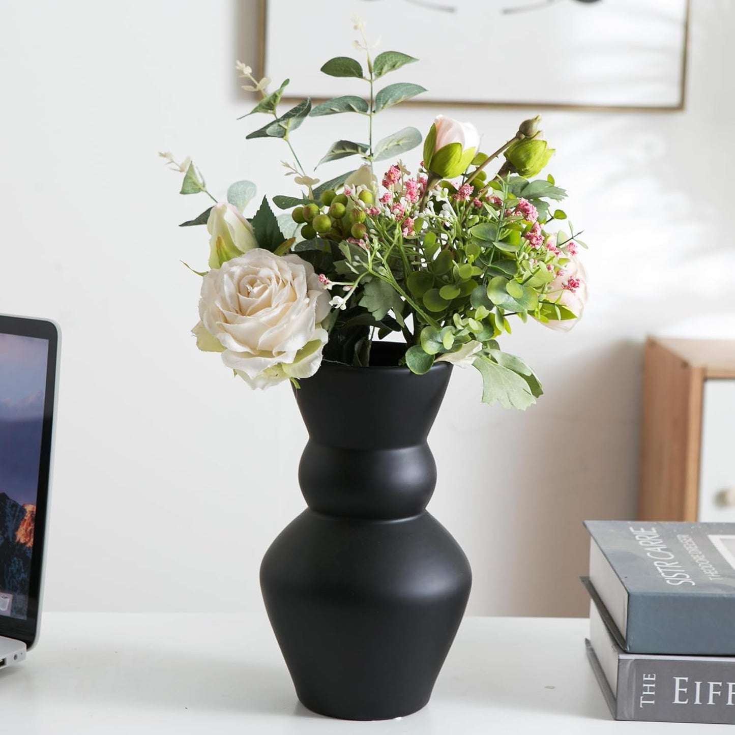 Black Ceramic Vase, Modern Matte Pampas Grass Vases, Boho Big Mouth Vase Home Decor for Centerpiece Wedding Party Living Room Office Bedroom, Housewarming Gift