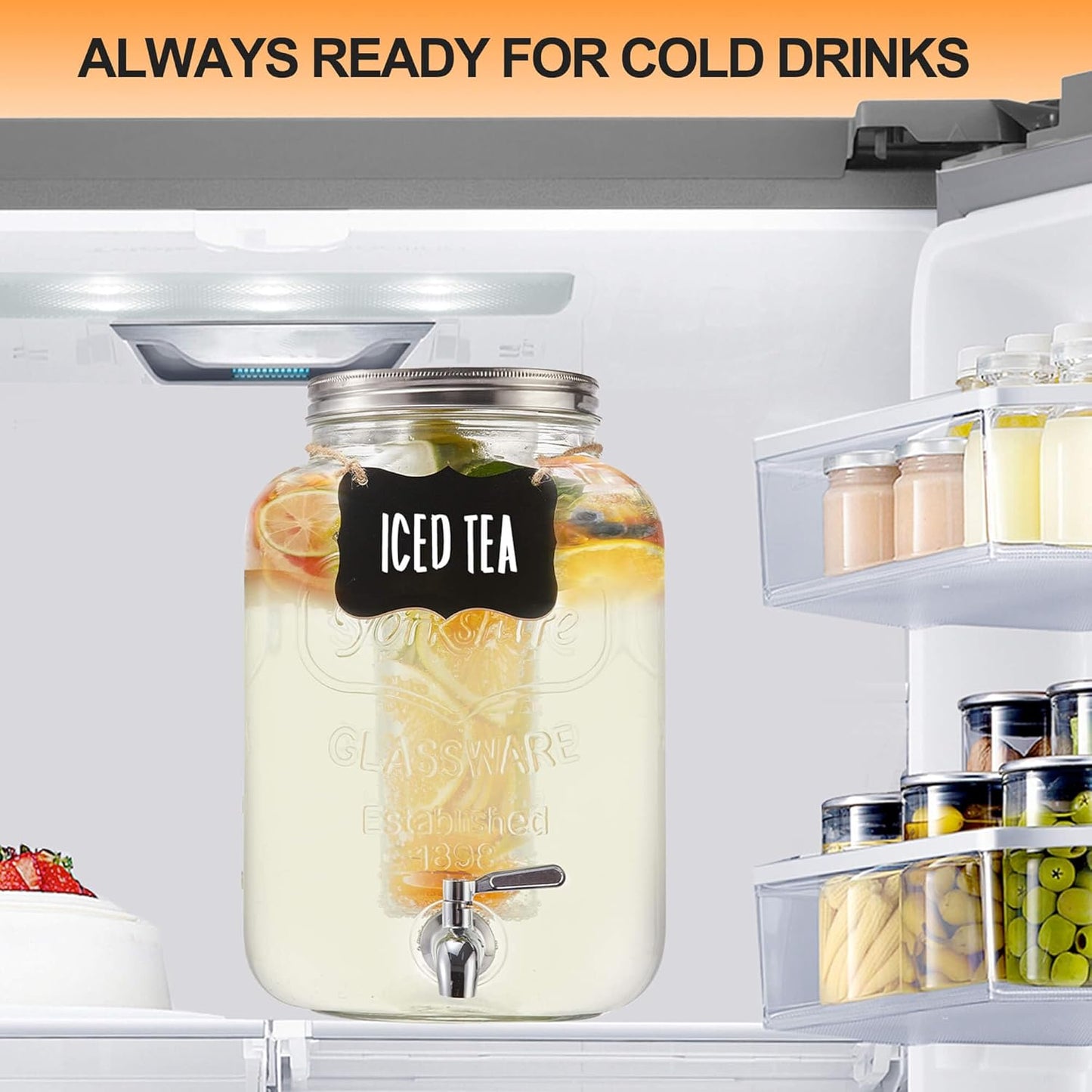 2 Gallon Glass Drink Dispenser for Parties, Beverage Dispenser, Lemonade Dispenser with 18/8 Stainless Steel Spigot, Leakproof for Sun Tea, Juice, Picnic, BBQ & Bars