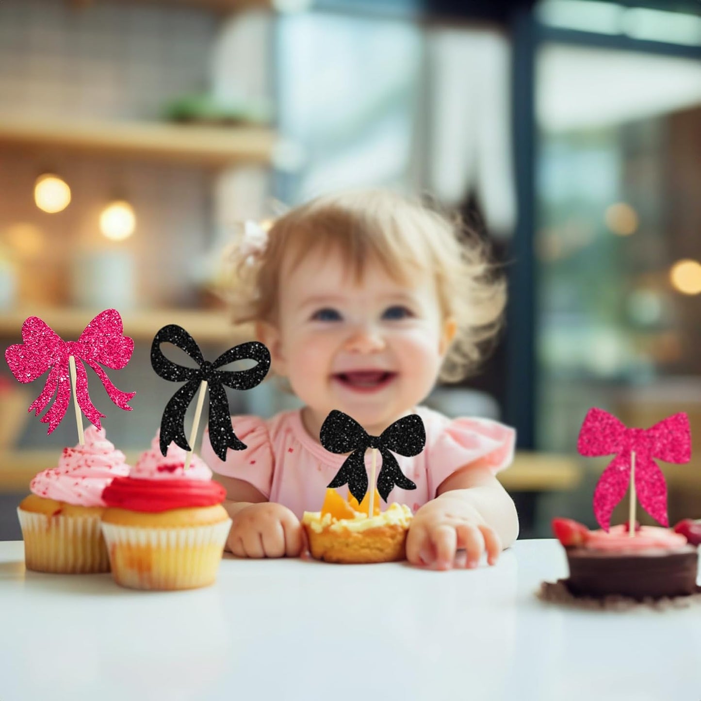 Gyufise 36Pcs Bow Cupcake Toppers Glitter Bowknot Cupcake Picks Bow Tie Birthday Decorations Bow Cake Toppers for Bridal Baby Shower Bachelorette Party Supplies Black Rose Red