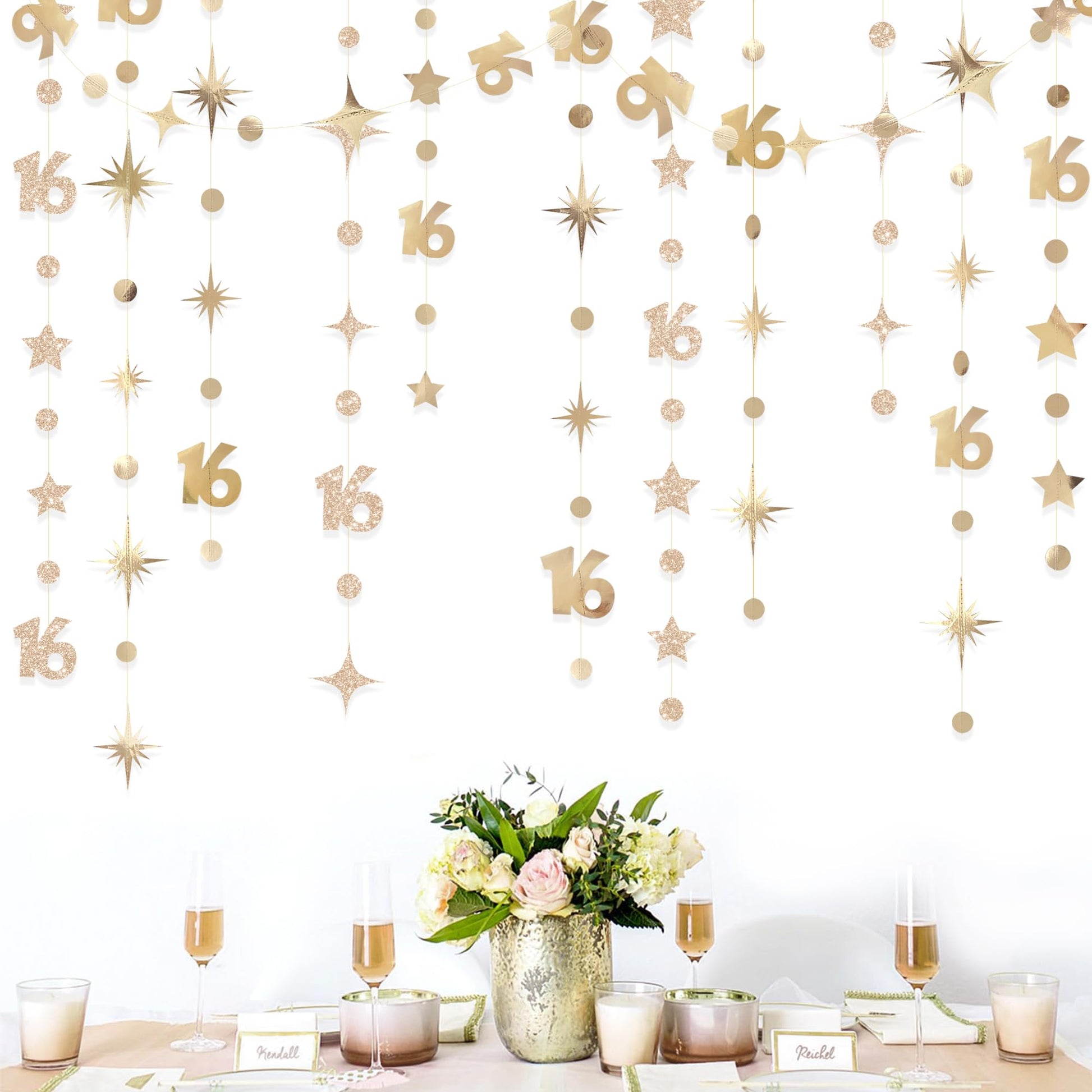 Champagne Gold Number 16 Circle Dot Twinkle Star Garland Streamer Bunting Banner Backdrop