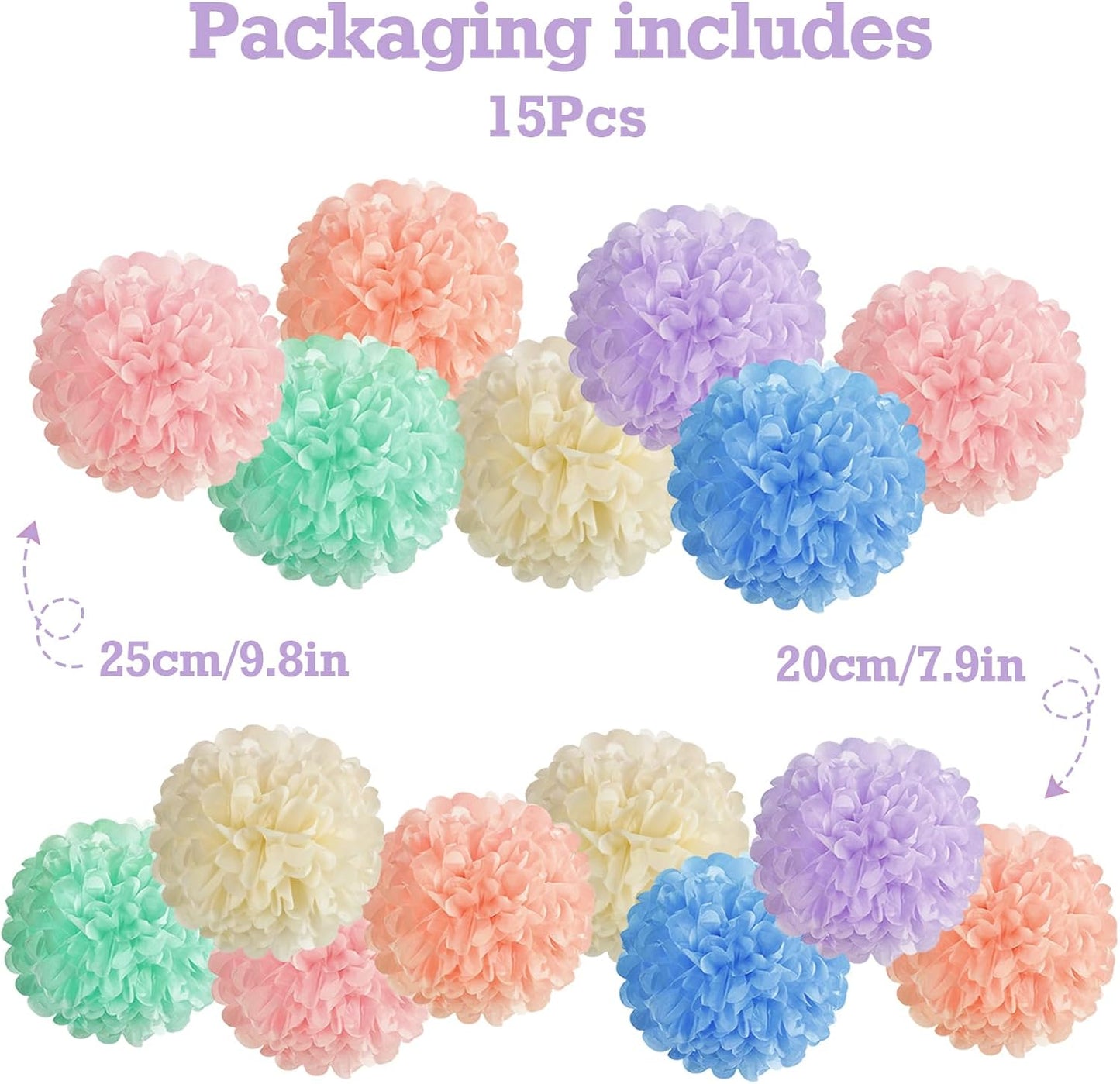 EASY JOY 15PCS Pastel Paper Tissue Pom Poms Decoration Macaron Rainbow Candy Ice Cream Easter Flowers Wall Hanging Decor for Birthday Wedding Baby Shower