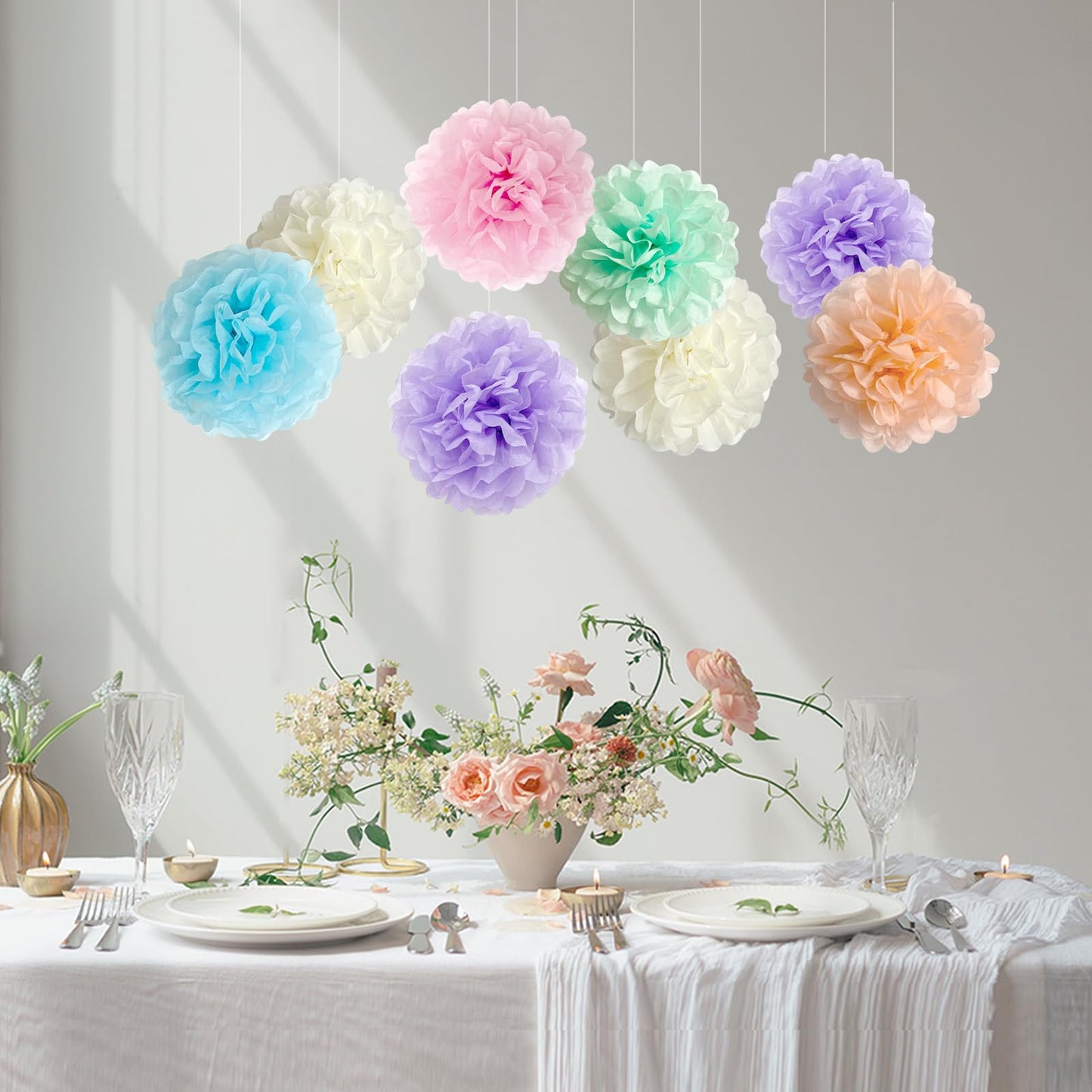 ANSOMO Pastel Tissue Paper Pom Poms Colorful Birthday Party Decorations
