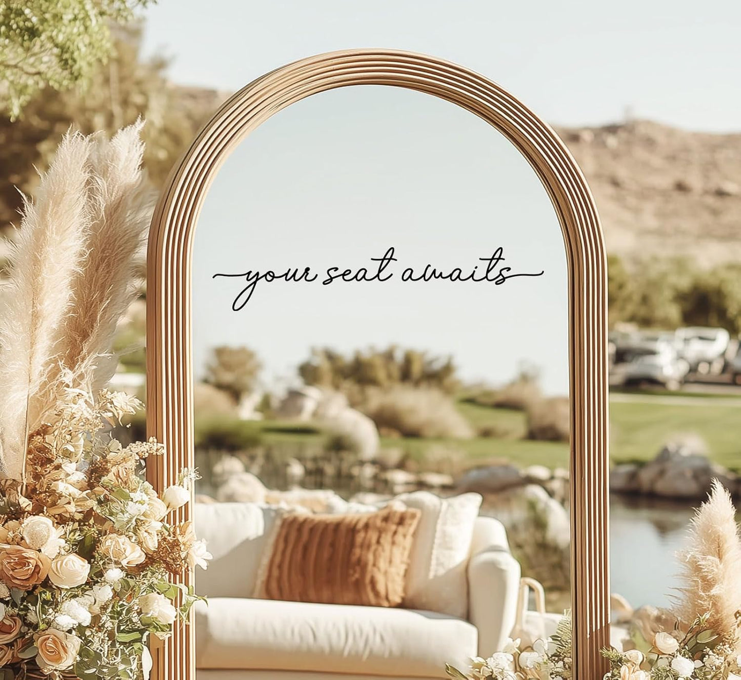 Your Seat Awaits Vinyl Decal, Wedding Seating Sticker, Mirror Decal for Seating, Please Find Your Seat Signs, Wedding Decor Sign (Black, Width 17")