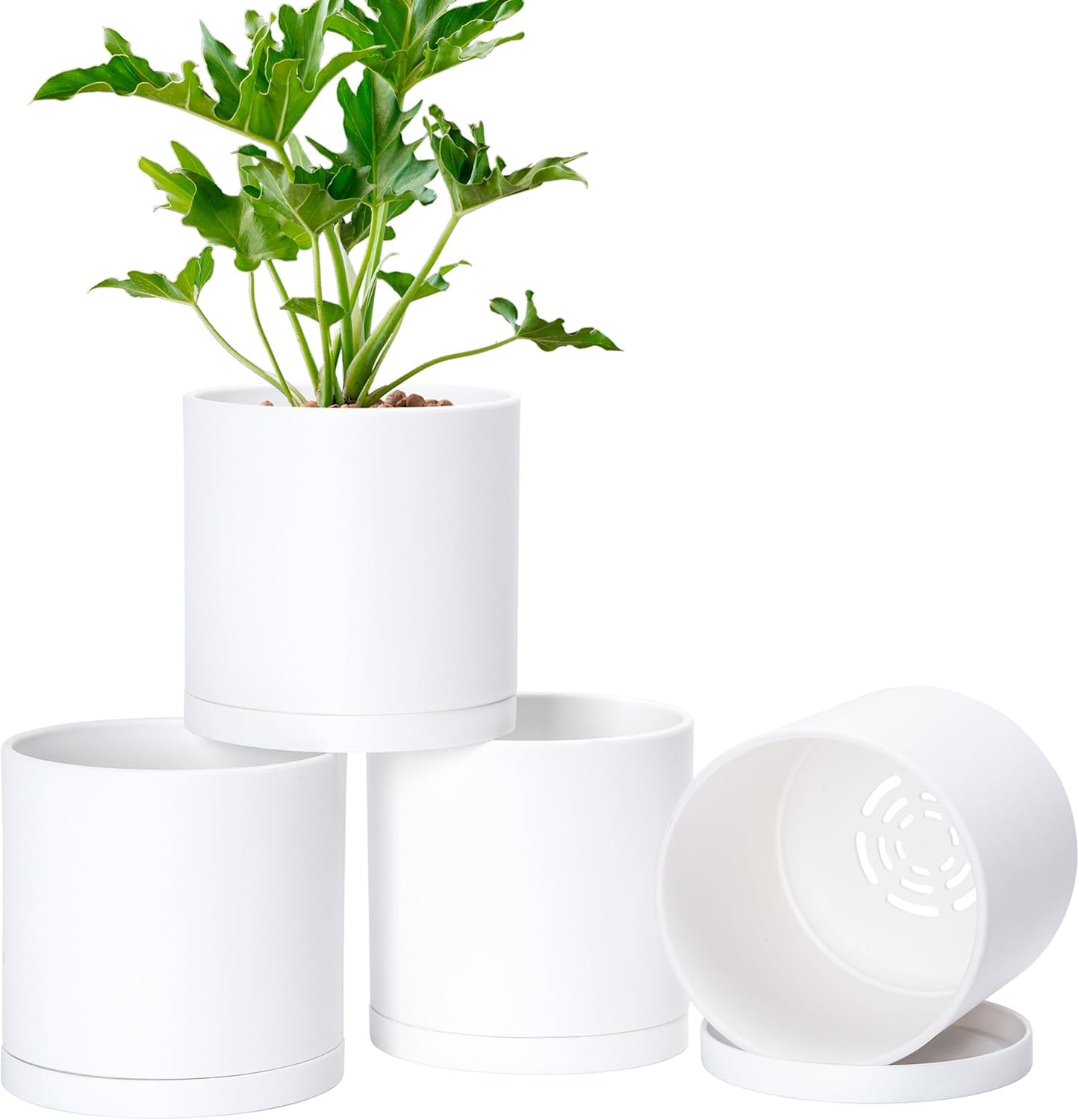 D'vine Dev 4 Pack 6 Inch Modern Plastic Plant Pots, Small Garden Planters for Plant with Drainage Holes and Saucers, White Color, 74-Z-J-2
