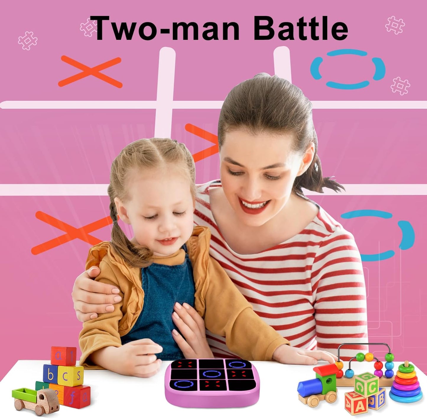 Tic-Tac-Toe Bolt Game, 4-in-1 Handheld Puzzle Games Console, Electronic Tic-Tac-Toe Game for Educational and Memory Growth, Portable Travel Games for Car Ride, Board Games for Kids and Adults (Pink)