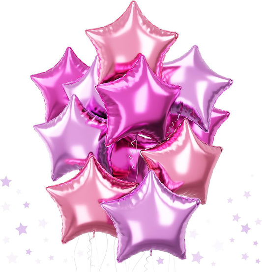 Purple Pink Star Foil Balloons Set, 18 Inch 12 Pcs Lavender Pink Pentagram Aluminum Foil Balloons Hot Pink Purple Stars Shape Mylar Helium Balloons for Girls Women Birthday Wedding Baby Shower