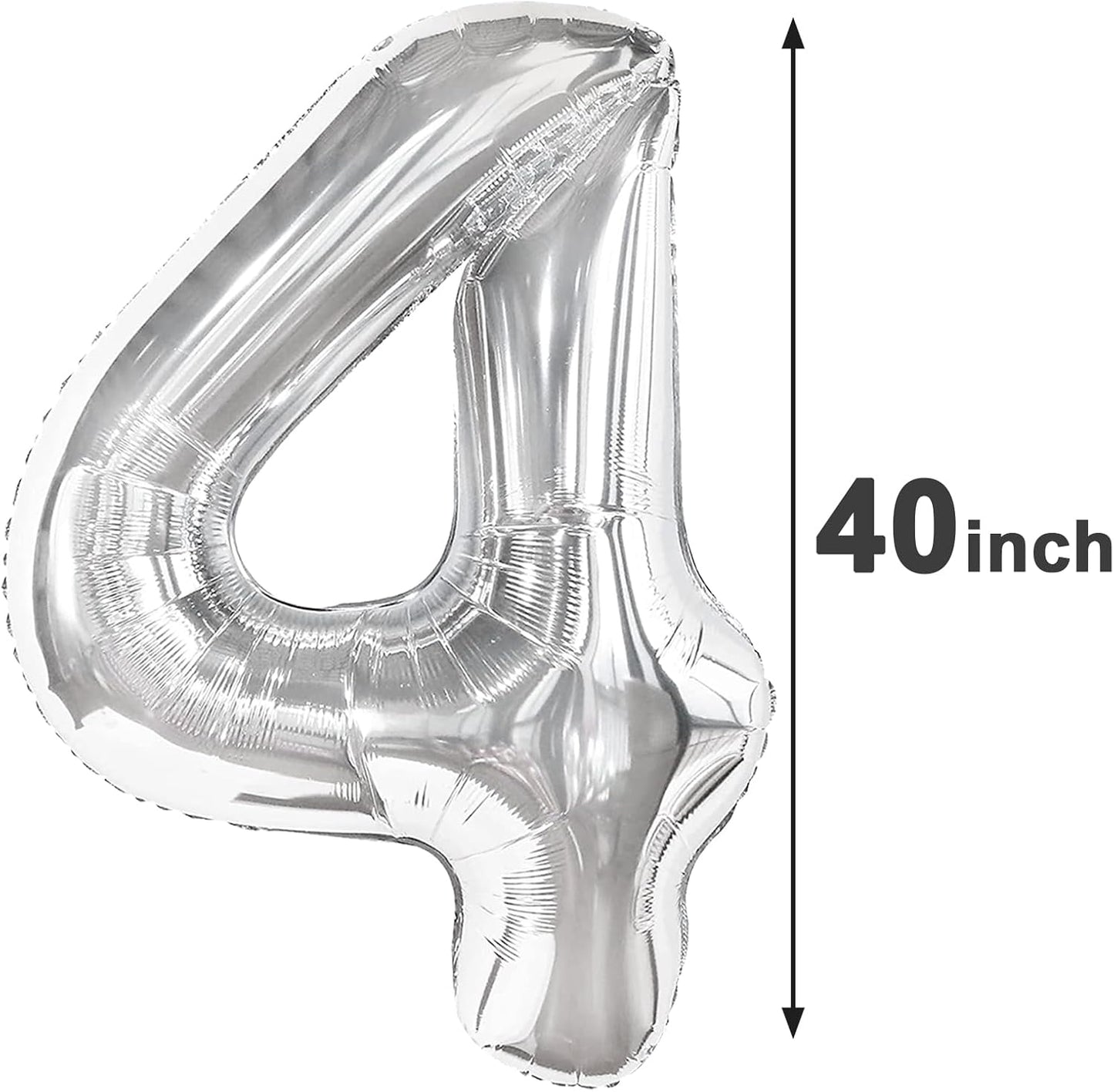 40 Inch Silver Large Number 4 Birthday Balloon, Giant Number Four 14 24 34 40 44 Balloons, Foil Mylar Big Balloons for Anniversary Graduation Supplies Decorations