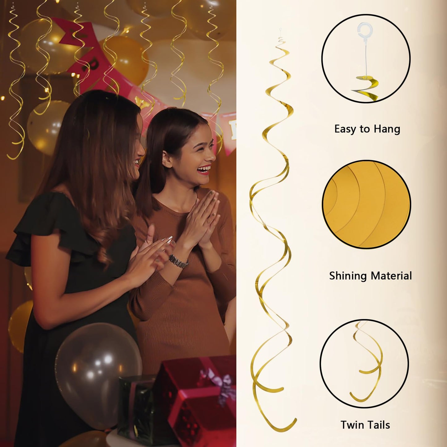 Gold Hanging Swirl Decorations 30 Pcs, Streamers Party Decorations -Twin Tails Ceiling Swirl Foil