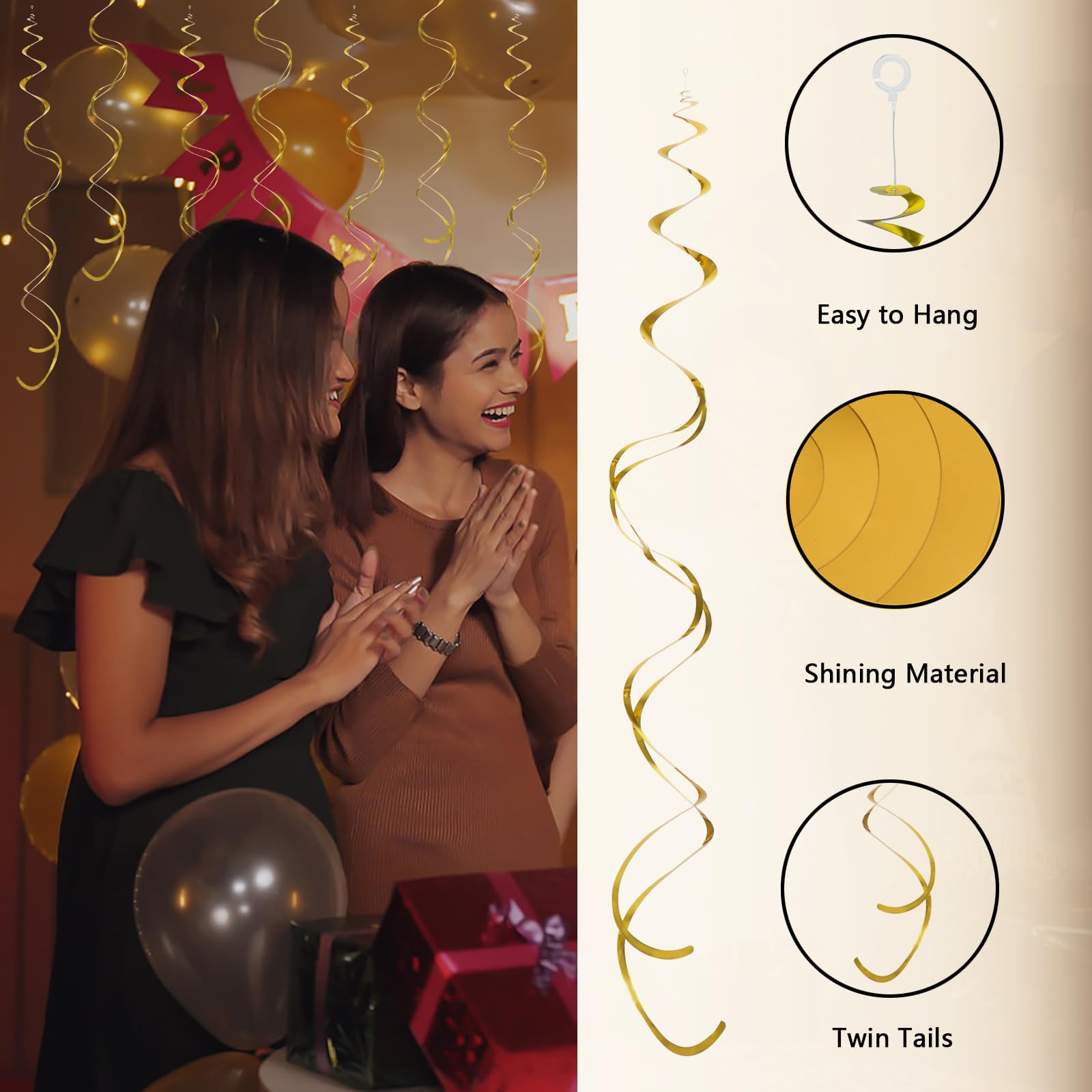 Gold Hanging Swirl Decorations 30 Pcs, Streamers Party Decorations -Twin Tails Ceiling Swirl Foil