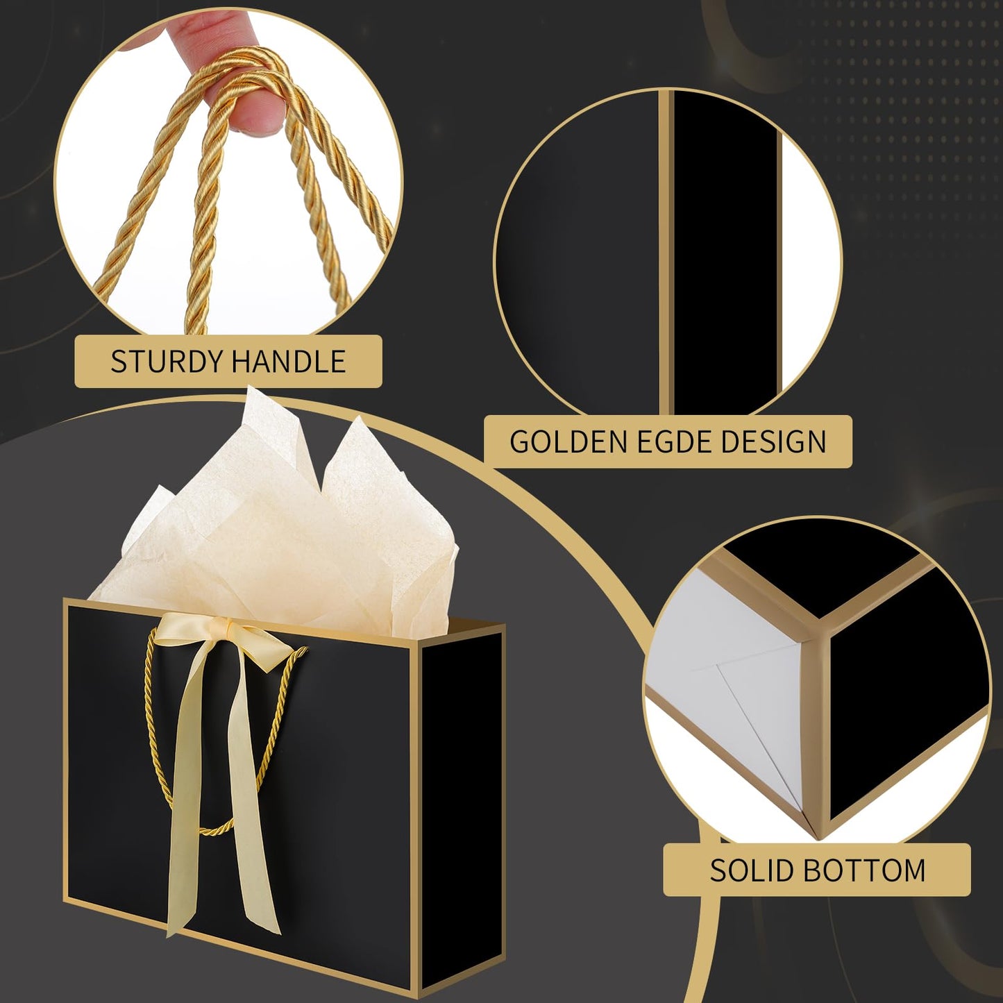 woric Black Gift Bags with Handles, 14" Medium Gift Bag with Tissue Paper