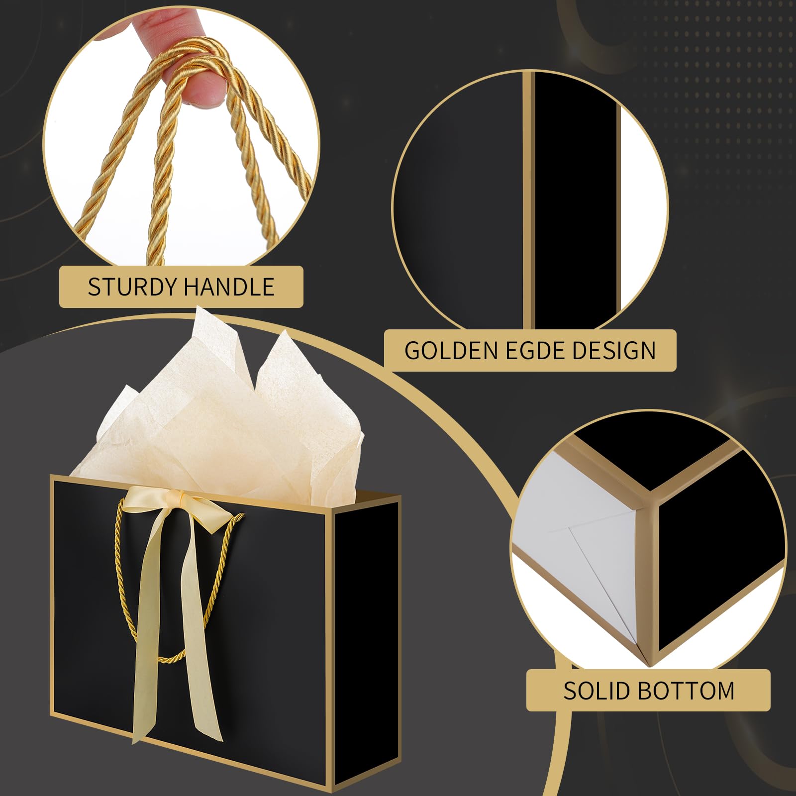 woric Black Gift Bags with Handles, 14" Medium Gift Bag with Tissue Paper
