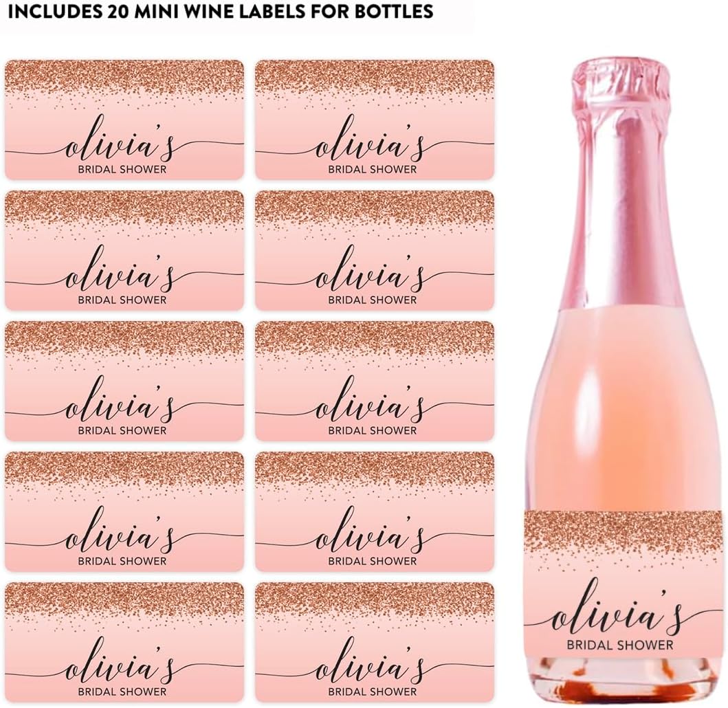 Andaz Press Personalized Mini Wine Bottle Labels, Bridal Shower, Blush Pink Faux Rose Gold Glitter, 20-Pack, Custom Champagne Labels