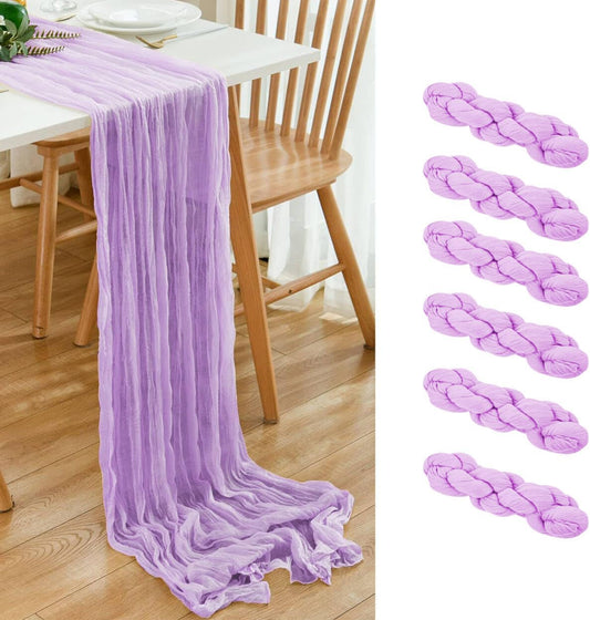 6 Pack Lavender Cheesecloth Table Runner 21x120 Inch Boho Wrinkled Sheer Romantic Gauze Decor for Wedding, Bridal Shower, Birthday Party