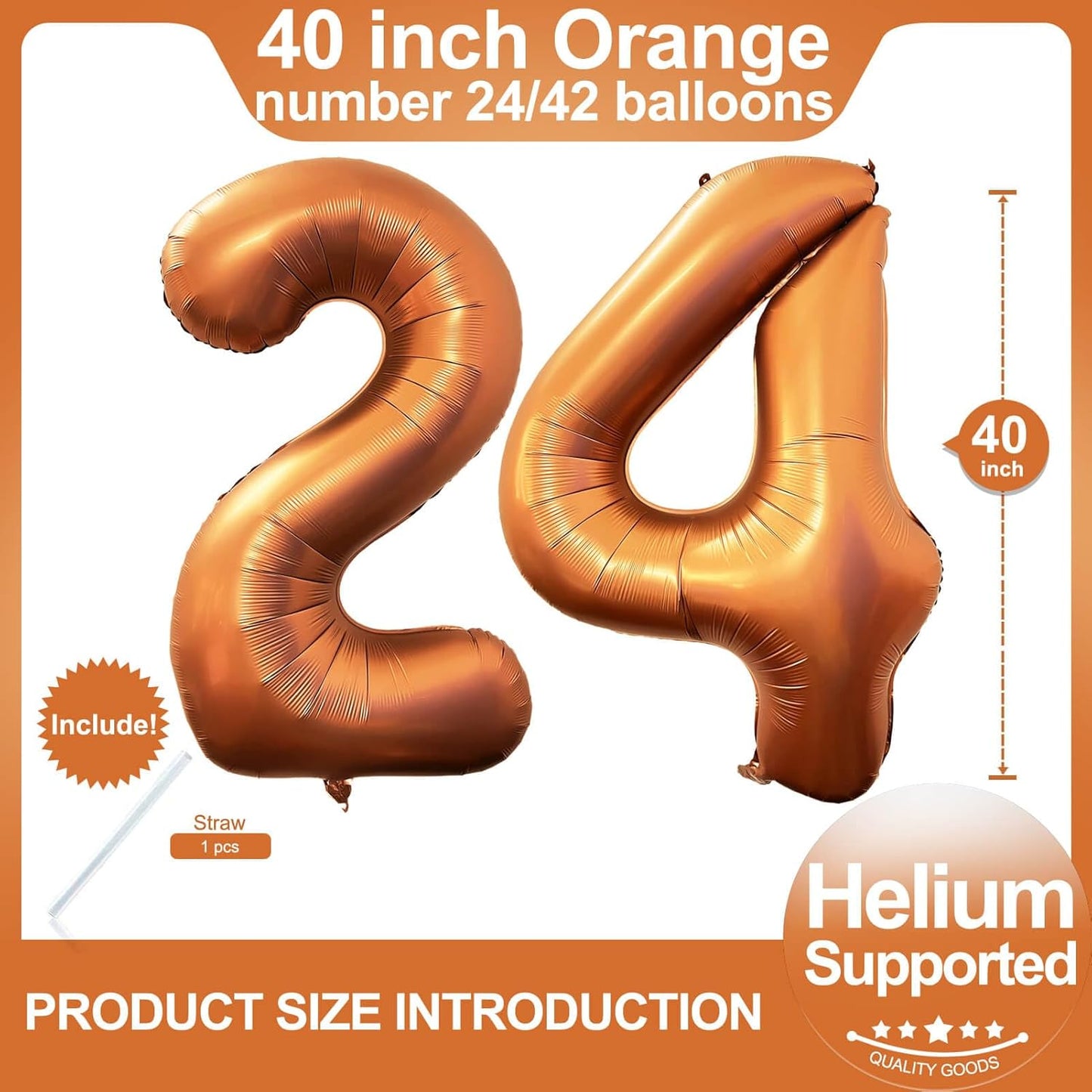 Number 24 Orange Balloons 40 Inch Giant Orange 24 or 42 Number Foil Helium Balloons for 24th Orange Birthday Party Supplies 42th Anniversary Events Decorations