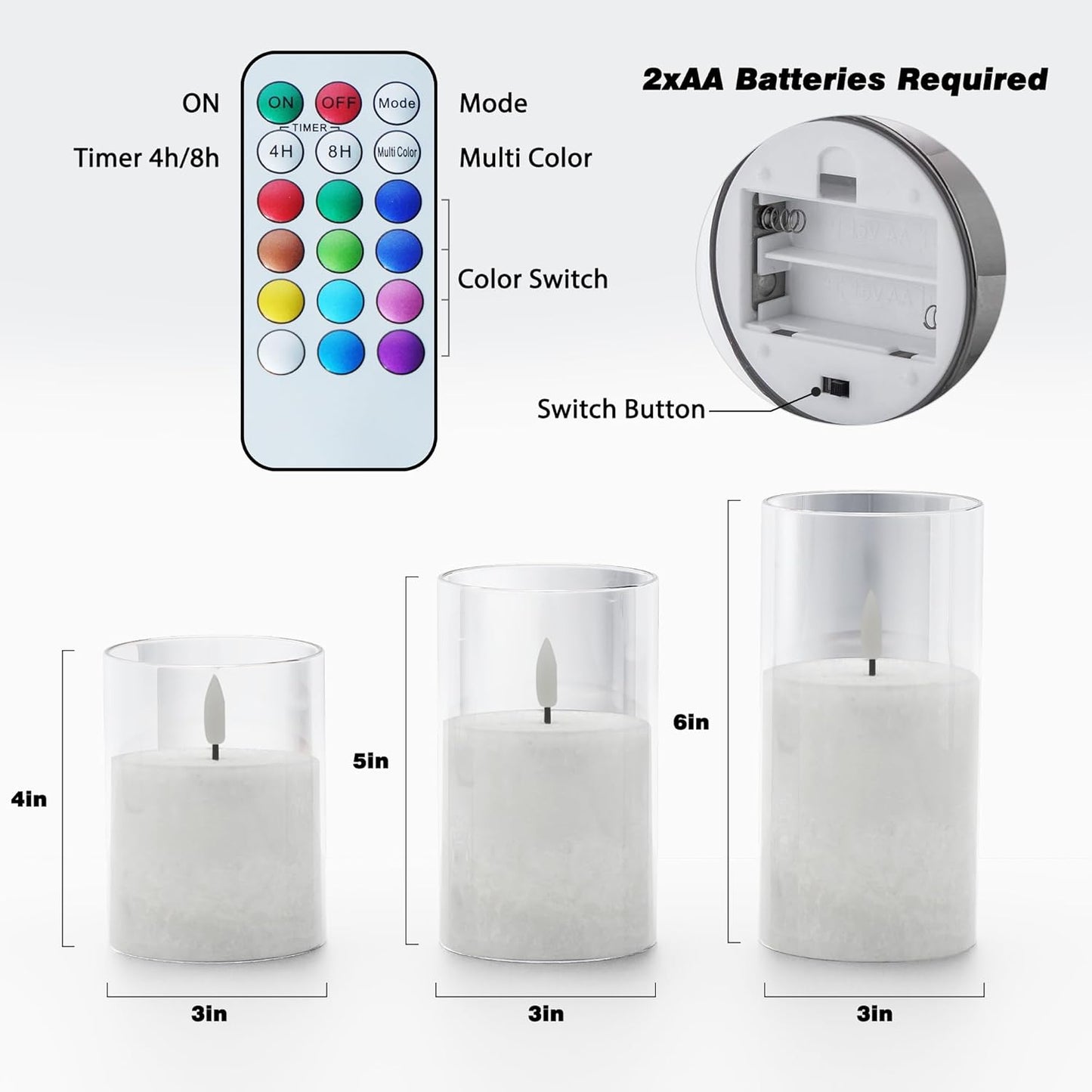 12Colors Ice Crystal Real Wax Glass Flameless Candles with Remote & Timer, Battery Operated Candles with Warm Flickering Flame, Realistic LED Candle for Wedding Home Decor [D3×H4/5"/6"] 3Pack