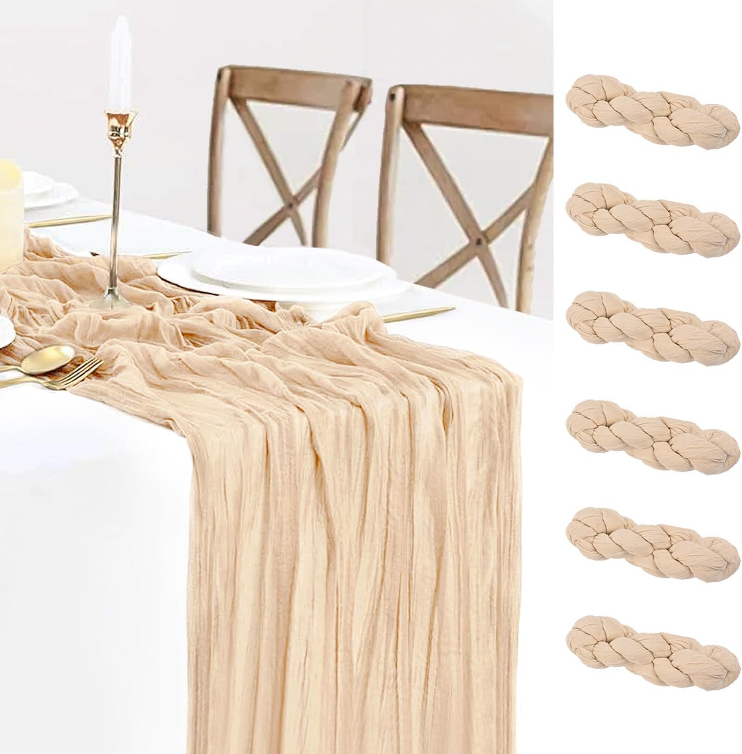 6 Pack Champagne Cheesecloth Table Runners Fall Thanksgiving Cheese Cloth Table Runner 10FT Boho Sheer Gauze Runner 35x120 Inches Long for Bridal Shower Wedding Baby Shower Party Decor