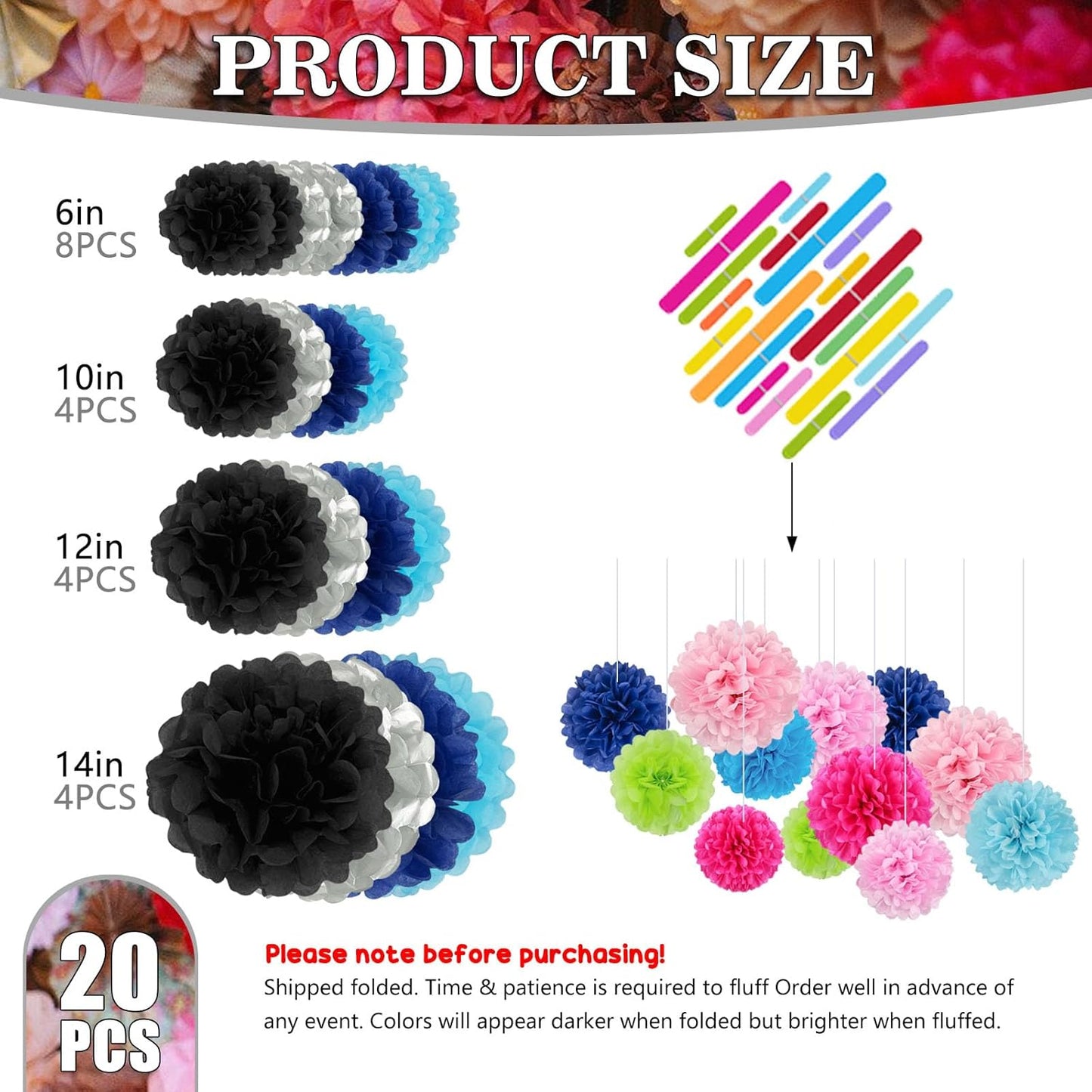 Tissue Paper Pom Poms, Black Silver Blue Tissue Paper Flowers, Hanging Flower Balls for Weddings Fiesta Parties Birthday Baby Showers Classroom Bridal Shower Decoration (20Piece Set-6/10/12/14Inch)