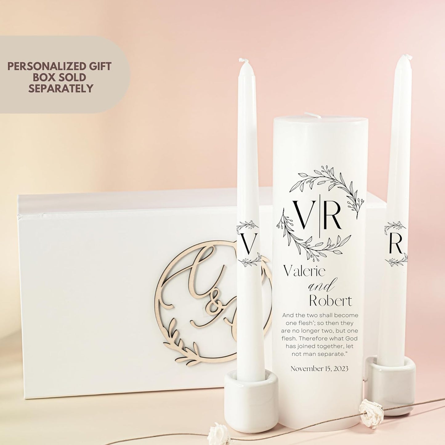 Unity Candles for Wedding, Modern Unity Set, Custom and Personalized Pillar and Taper Candles with Bible Quote, Unscented White Premium Wax, Religious and Wedding Ceremony, Special Events (Black)