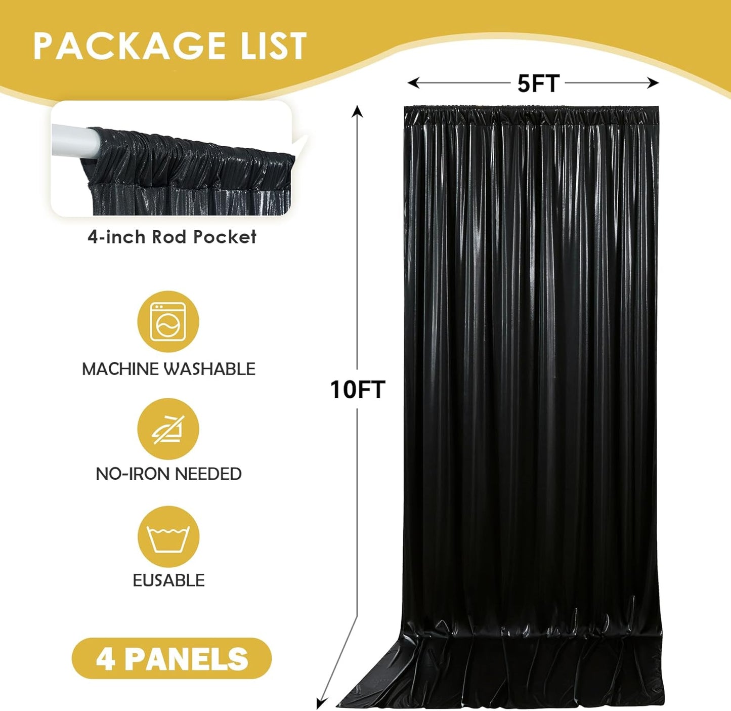 gogoparti 20x10FT Black Sequin Backdrop Curtain - 4 Panels of 5x10FT Wrinkle-Free Glitter Drapes for Photography, Birthdays, Weddings & Graduations