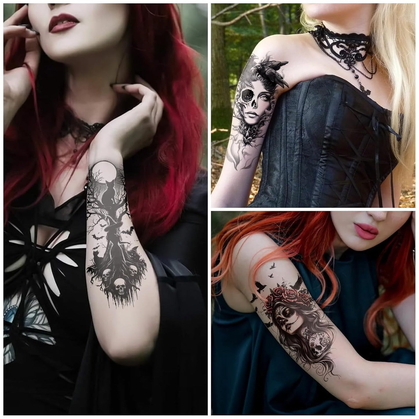 77 Sheets Witch Temporary Tattoos Women Men Adults, Skeleton Death Skull Pointed Black Hats Brooms Cauldrons Black Cats Half Arm Halloween Fake Tattoo, Bat Scary Tattoos for Halloween Costume