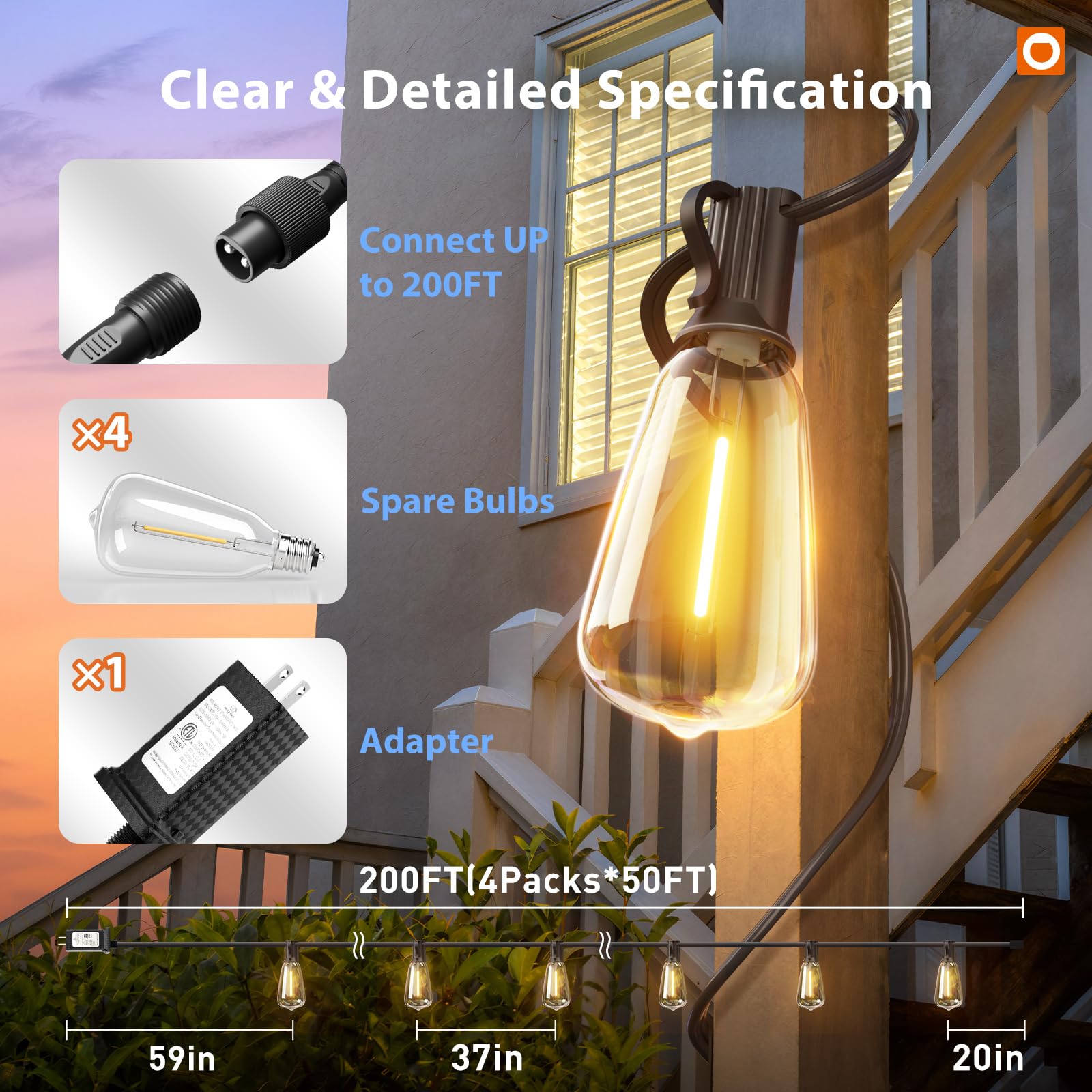 addlon 200(50FT*4) Outdoor String Lights with Remote LED Edison Waterproof