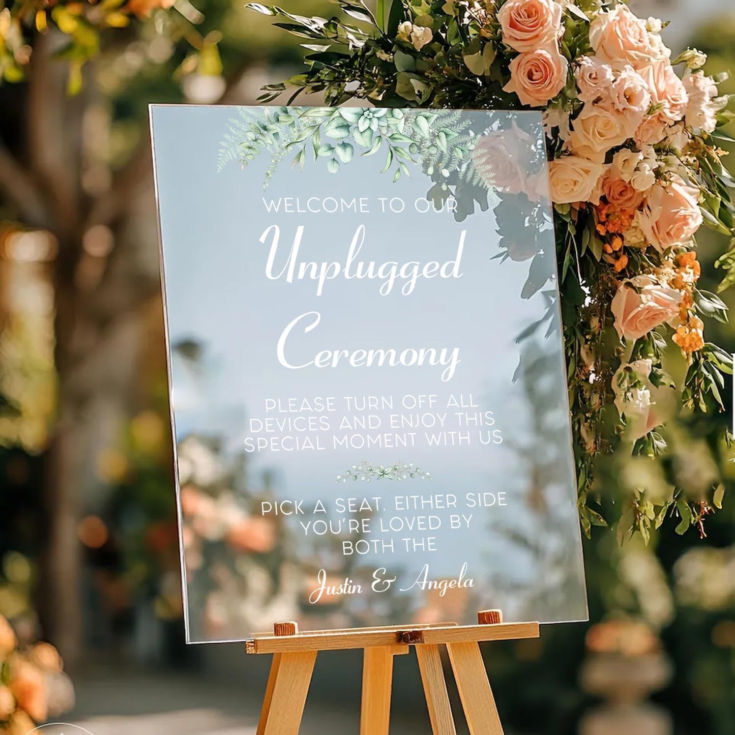 Personalized Unplugged Ceremony Sign – Elegant Wedding Yard Sign with Greenery – Turn Off Devices & Find Your Seat