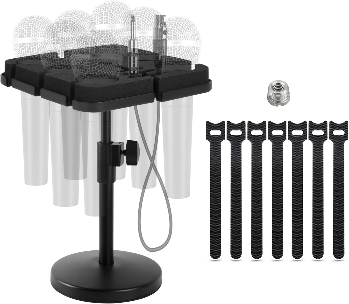 Multi Microphone Holder, Wired and Wireless Mic Holder for Stand, Hold Up to 7 Microphones, Aluminum, Black with stand