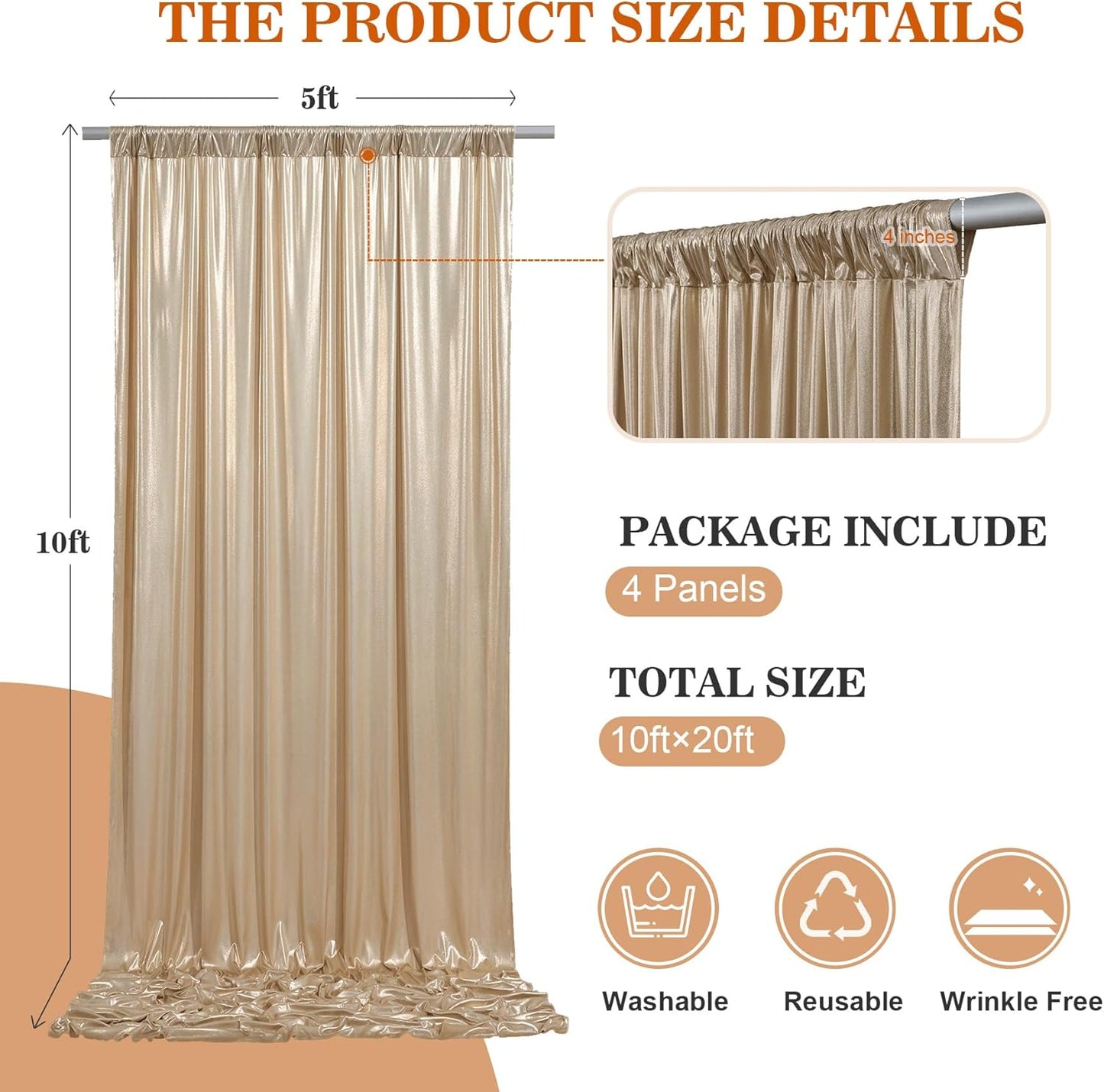 20x10ft Thick Champagne Glitter Backdrop Curtain Panels for Parties, Wrinkle Free Sequin Sparking Photo Backdrop Drapes, 4 Panels 5x10ft Shimmer Back Drop Cloth for Wedding Birthday Photography