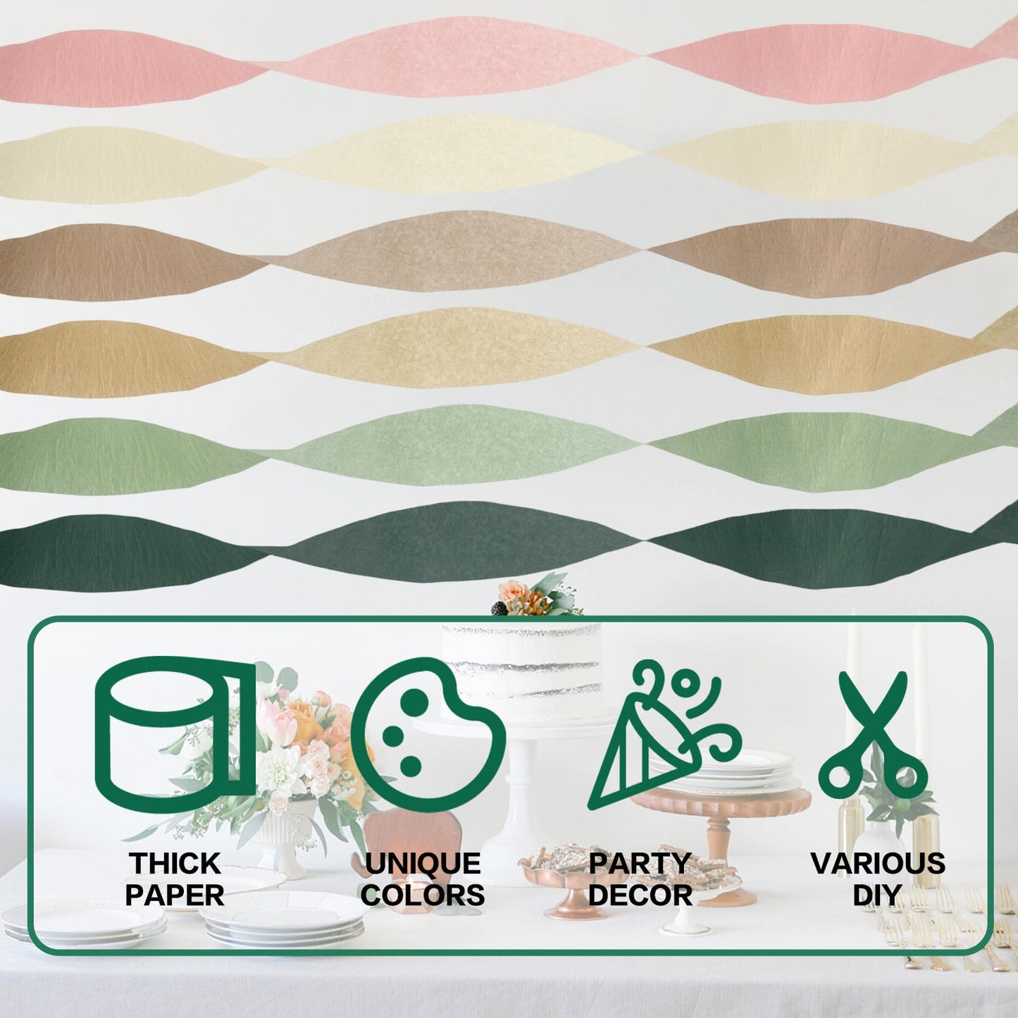 Crepe Paper Streamers Party Decorations - 6 Rolls Grass Green Gold Pink Olive Green Beige Khaki