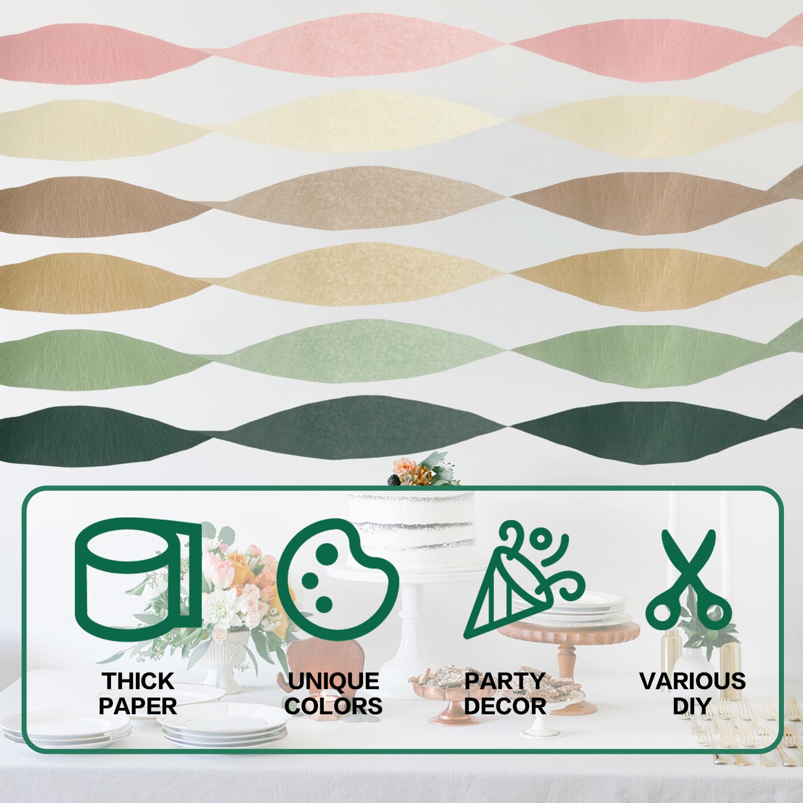 Crepe Paper Streamers Party Decorations - 6 Rolls Grass Green Gold Pink Olive Green Beige Khaki