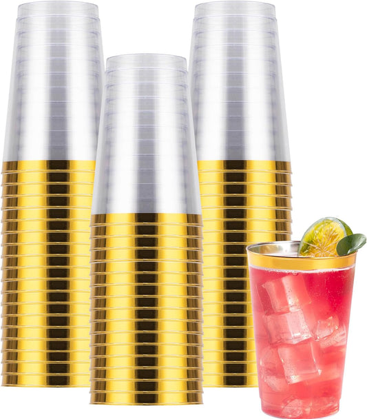 Goodluck 50PCS 14oz Gold Plastic Cups for Party, Disposable Gold Rim Cups, Plastic Cocktail Glasses for Wedding Thanksgiving, Christmas, and Parties